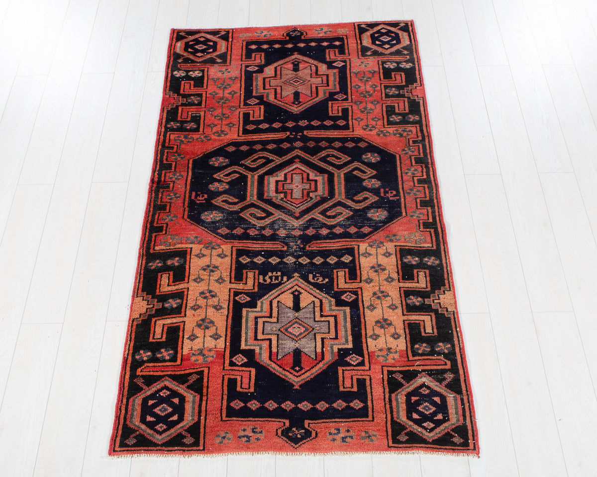 Antique Malayer wool rug in Orange, navy blue, 195 x 112 cm