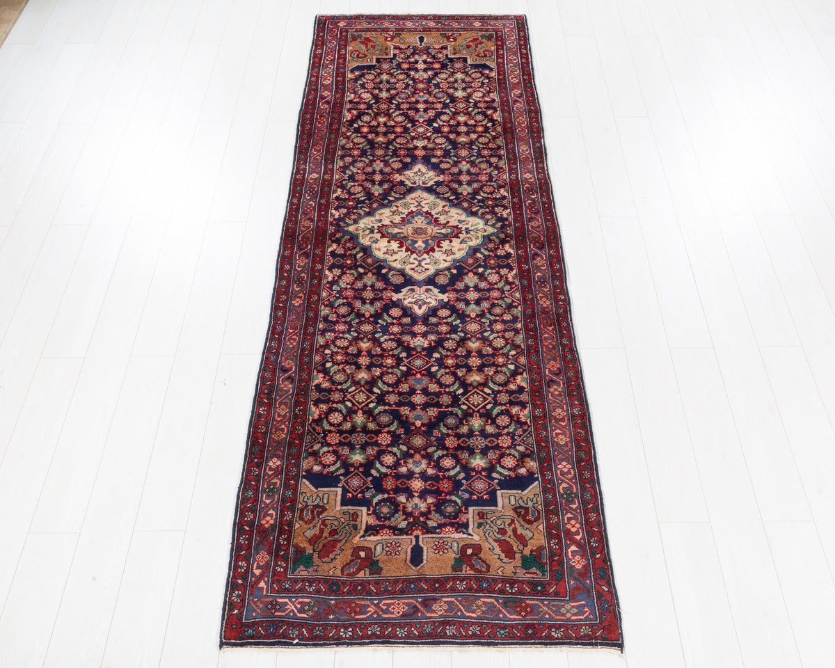 Vintage Malayer wool runner in deep navy blue and red with Herati medallion design, 3x10, SKU 5120