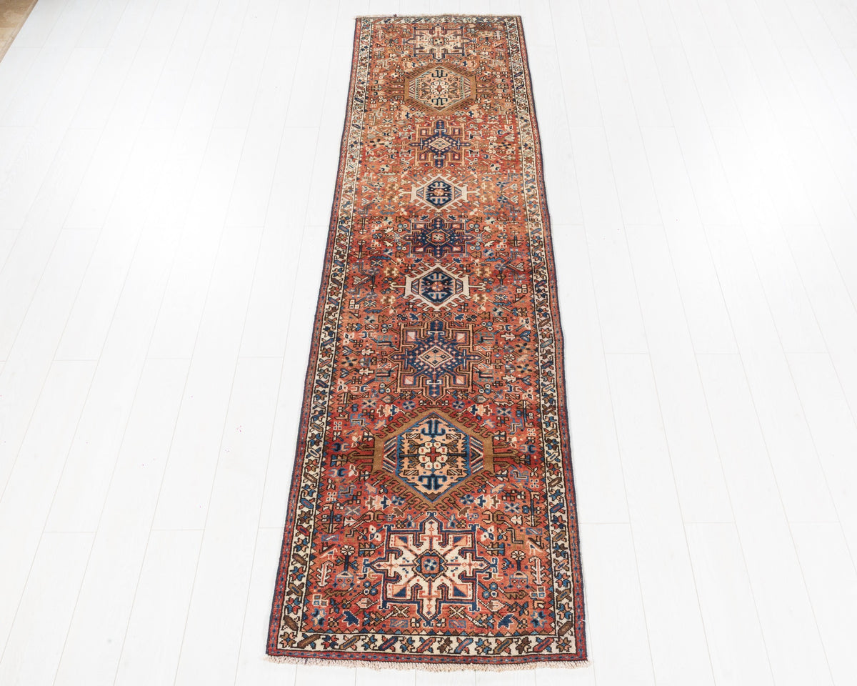 Vintage Gharajeh Heriz narrow wool runner in bright red with geometric medallions, 3x10, SKU 5125