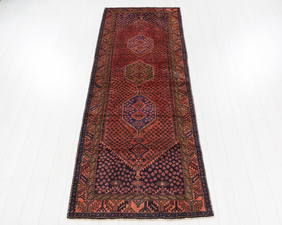 Vintage Zanjan wool runner in rust red with three geometric medallions, 3x9, SKU 5130
