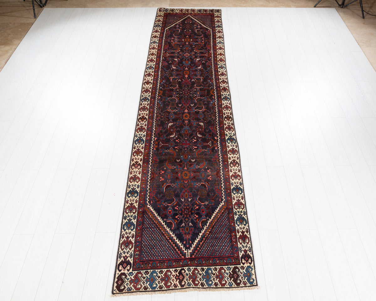 Vintage Malayer geometric wool runner rug, navy blue and beige, SKU 5259