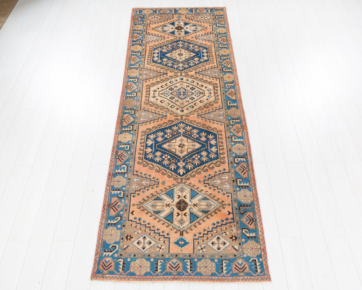 Vintage Viss geometric medallion wool runner rug, faded orange and blue, SKU 5271