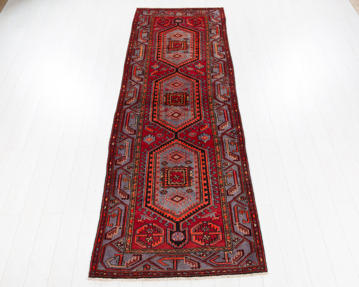 Vintage Zanjan geometric medallion wool runner rug, red and blue, SKU 5291