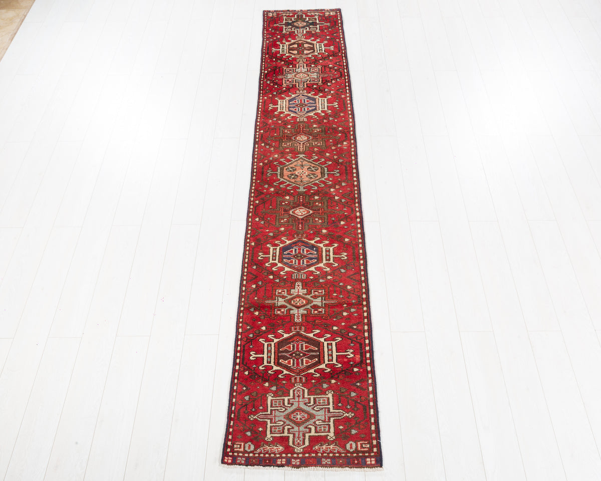 Vintage Heriz Gharajeh narrow red geometric runner rug SKU 5328
