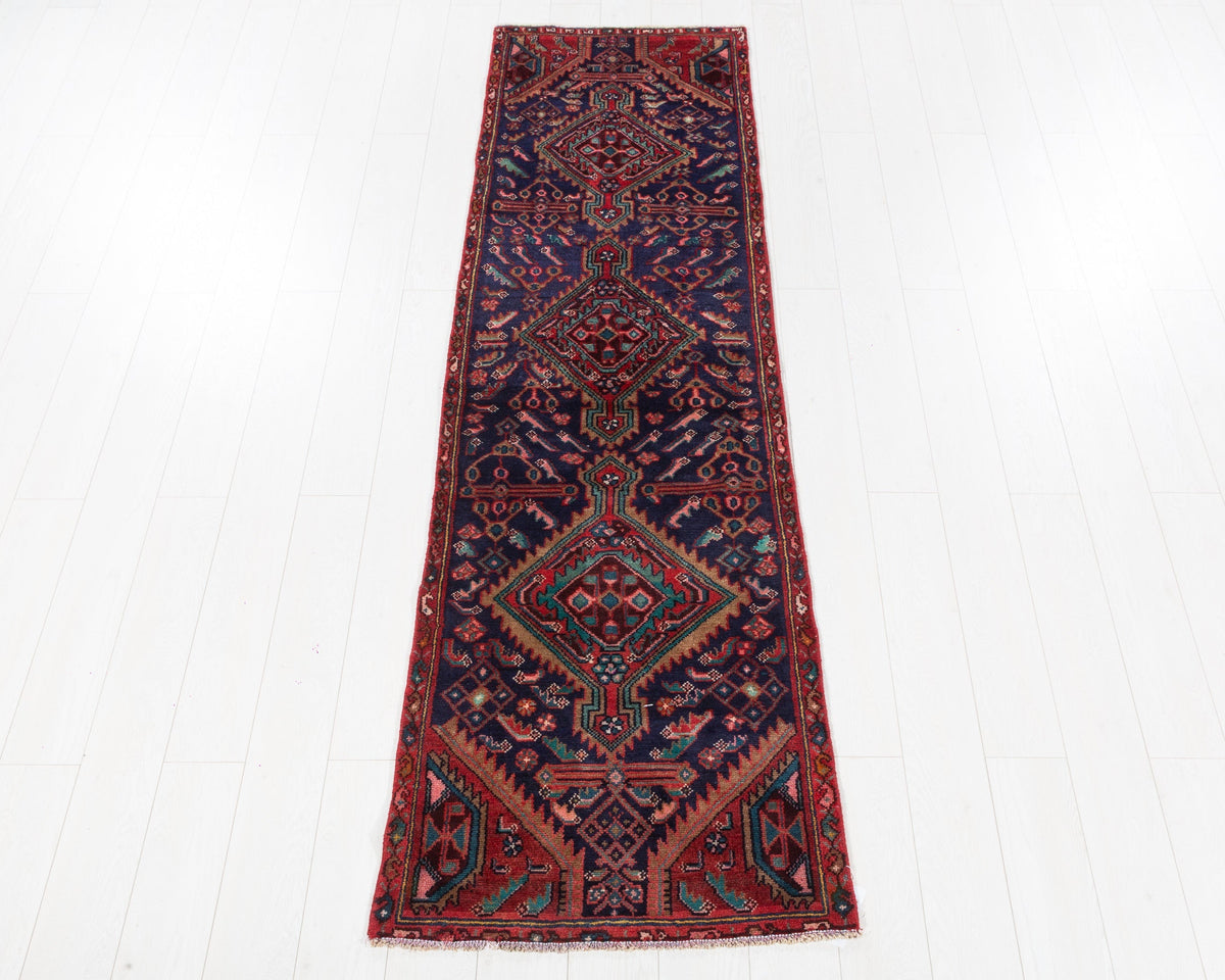 Vintage Hamadan narrow navy geometric runner rug SKU 5329