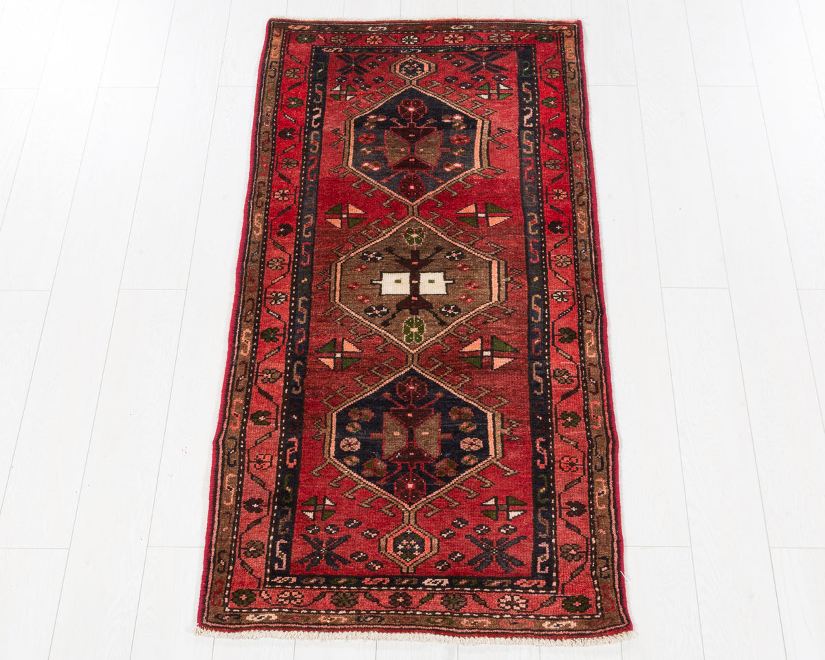 Vintage Zanjan geometric small 3x5 wool rug in warm red, deep navy blue and earthy brown, SKU 5359