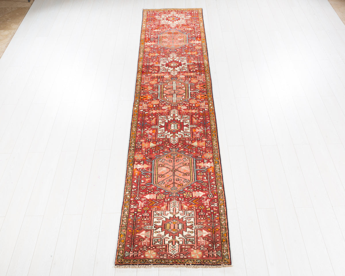 Vintage Heriz Gharajeh runner rug in Faded red, soft blue, warm beige SKU 5361