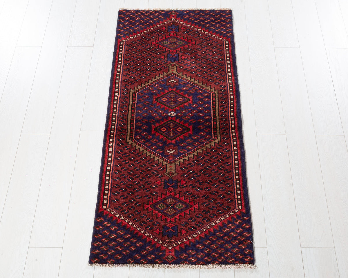 Vintage Zanjan runner rug in Red, deep navy blue, brown SKU 5370