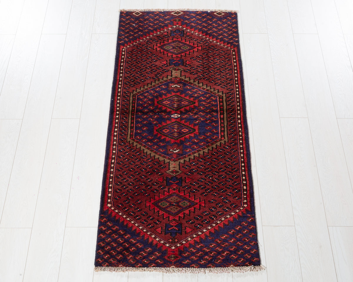 Vintage Zanjan runner rug in Red, deep navy blue, brown SKU 5371