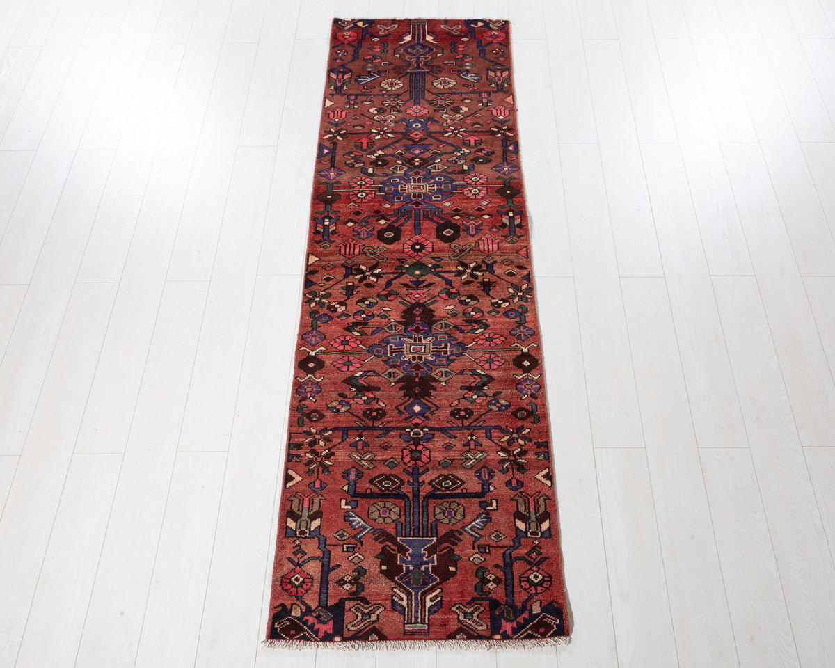 Vintage Hamadan runner rug in Rust red, deep navy blue, earthy brown SKU 5372