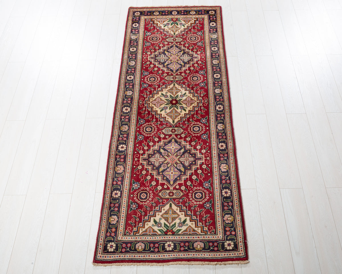 Vintage Tabriz geometric worn runner rug in red, ivory and deep navy blue, SKU 5378
