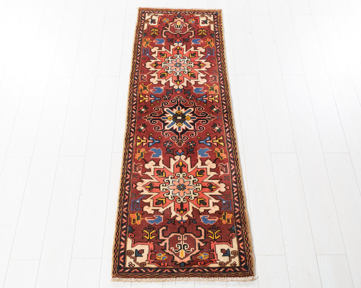 Vintage Heriz runner rug in Rust red, ivory, deep navy blue SKU 5383