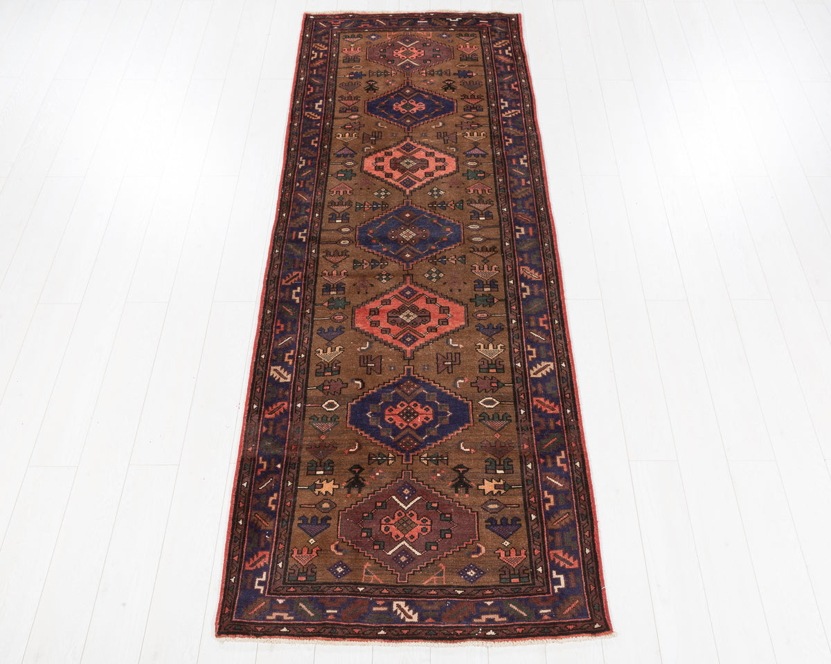 Vintage Zanjan tribal medallion wool runner rug in brown, peach and navy blue, SKU 5208