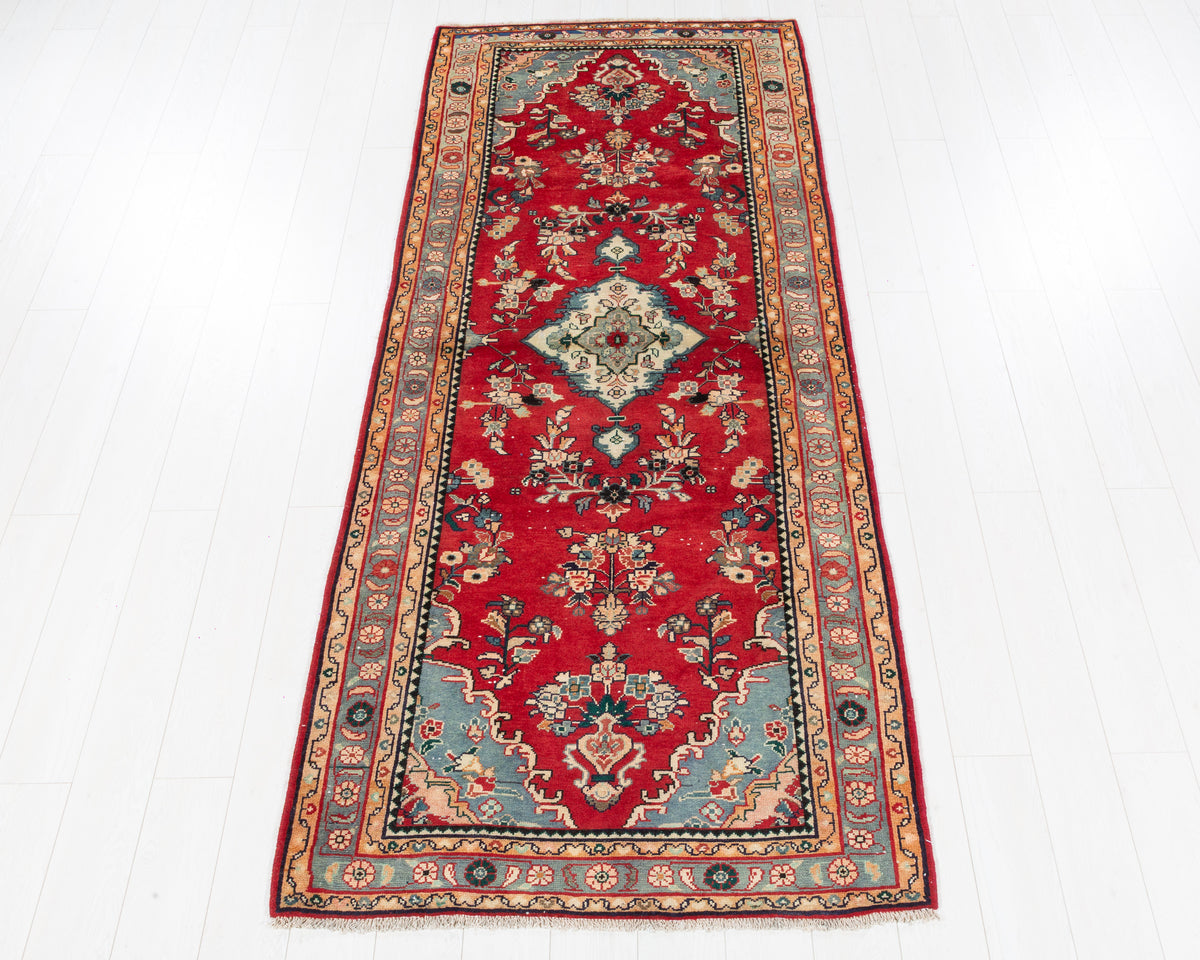 Vintage Hamadan floral medallion wool runner rug in red, SKU 5215