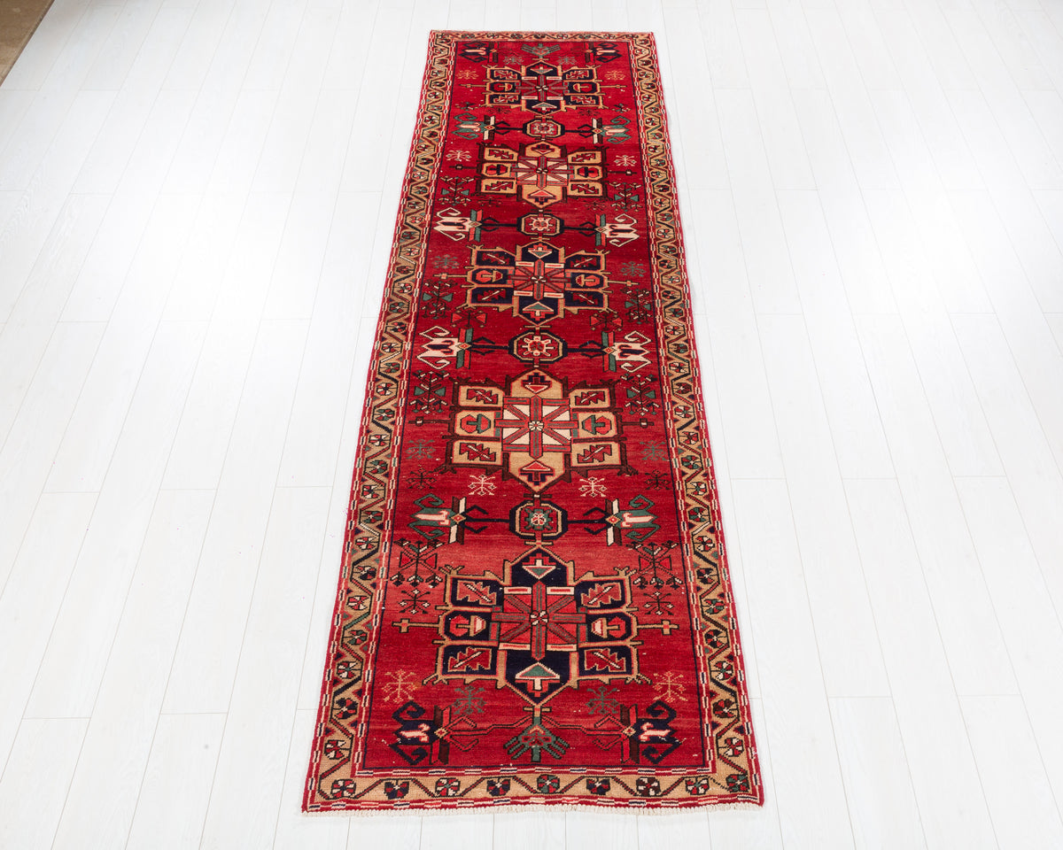 Antique Heriz Gharajeh tribal geometric wool runner rug in red and camel brown, SKU 5244