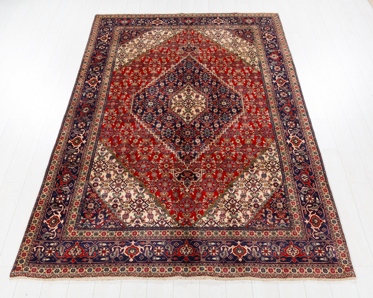 Vintage Ardabil Brick red and navy blue Geometric Rug, 6x9 – 9' 4" x 6' 3" (284 x 190 cm) – main view