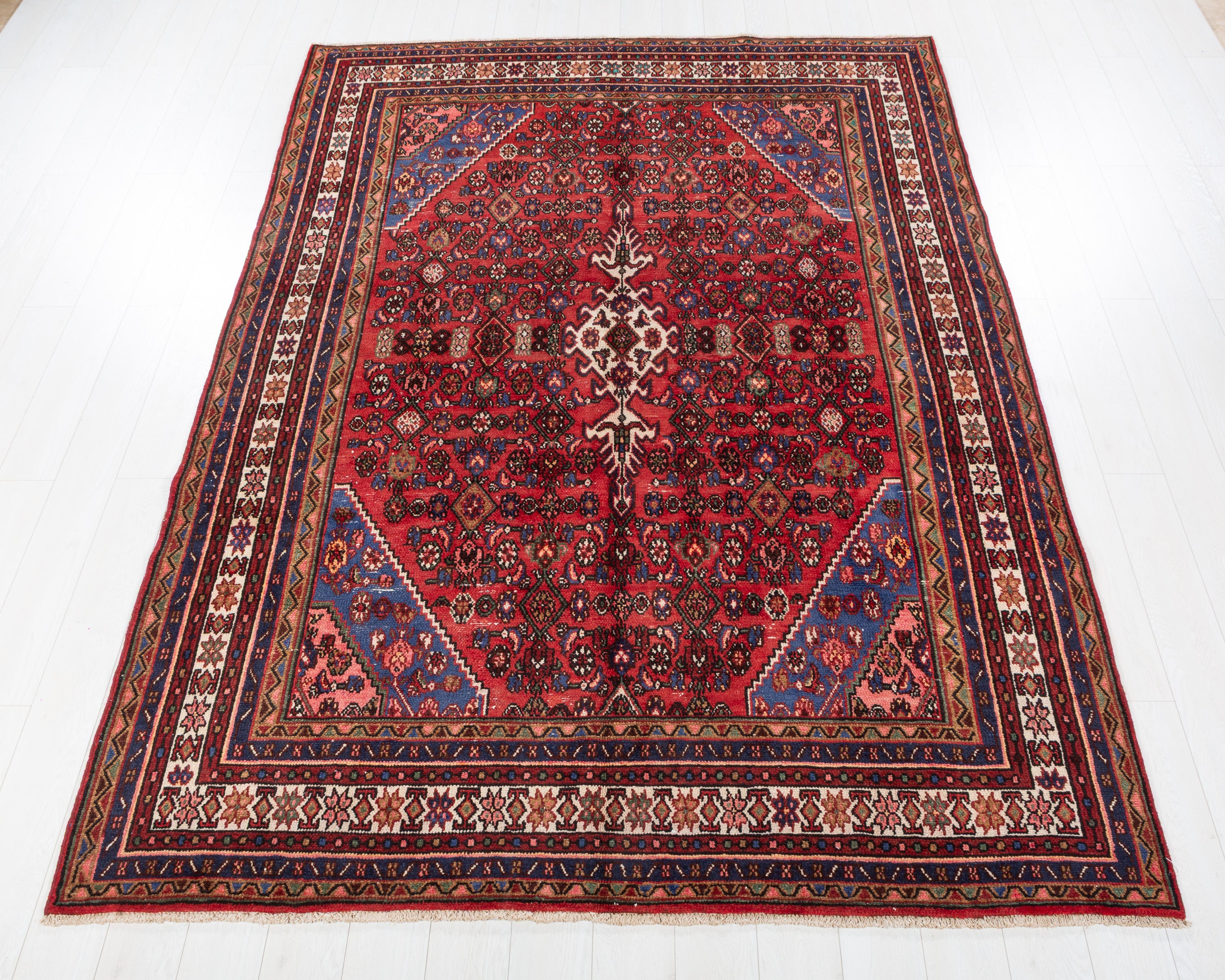 Vintage Hamadan Red and navy Geometric Rug, 7x10 – 9' 9" x 6' 10" (297 x 209 cm) – main view