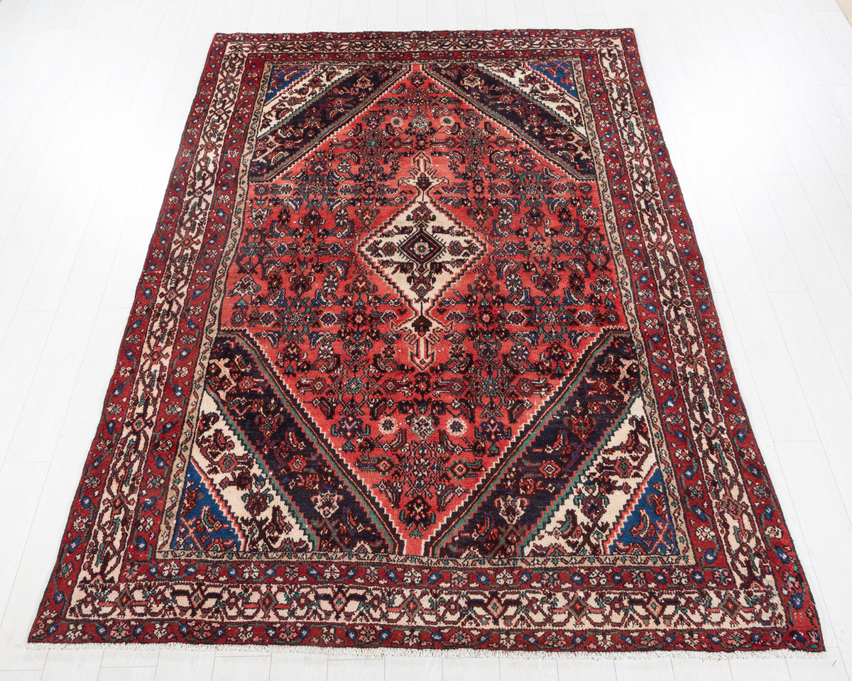 Vintage Hamadan Bright Red Geometric Rug, 7x9 – 9' 6" x 6' 8" (289 x 202 cm) – main view