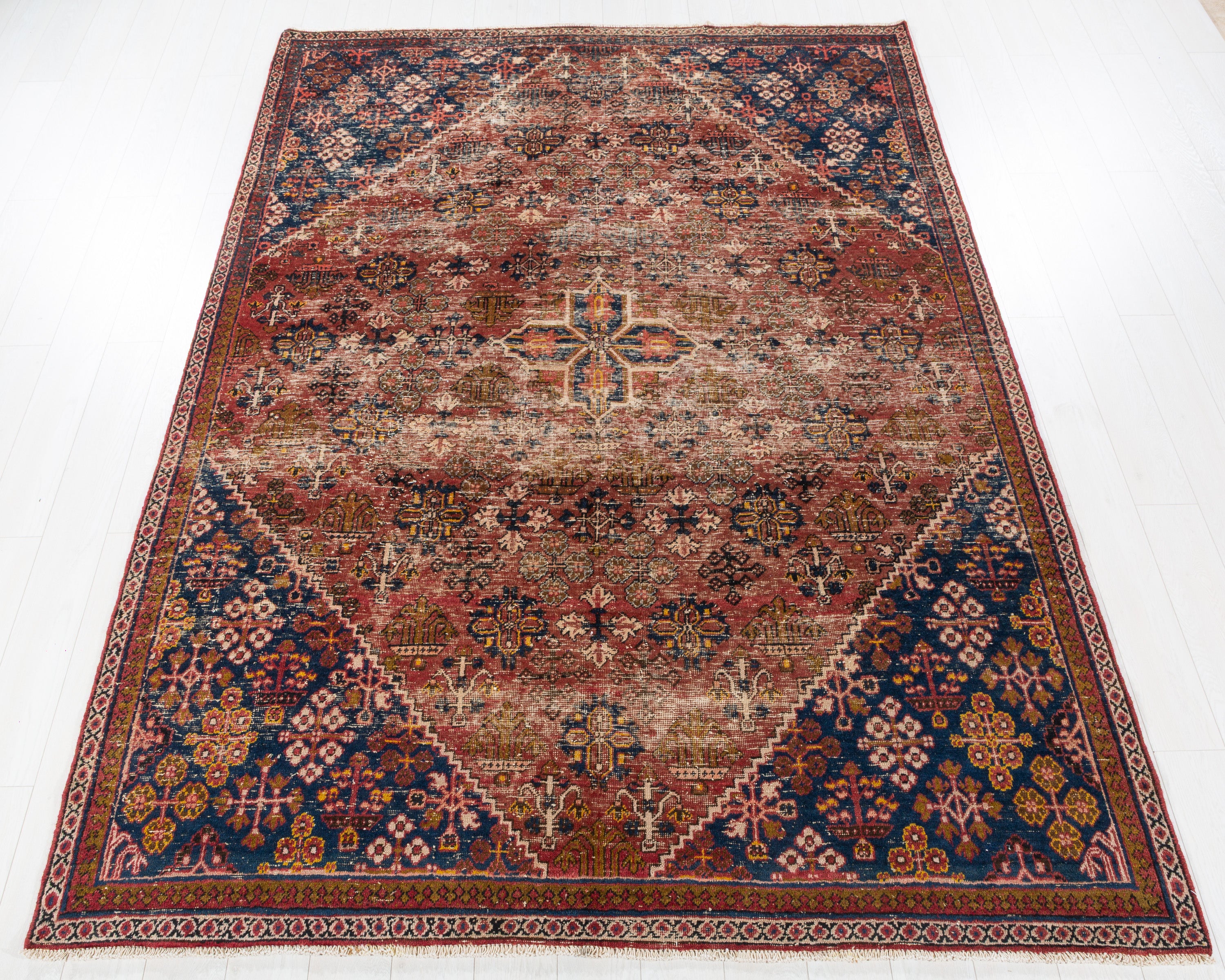 Vintage Joshaghan Faded rust red and navy blue Geometric Rug, 7x10 – 9' 9" x 6' 9" (297 x 207 cm) – main view