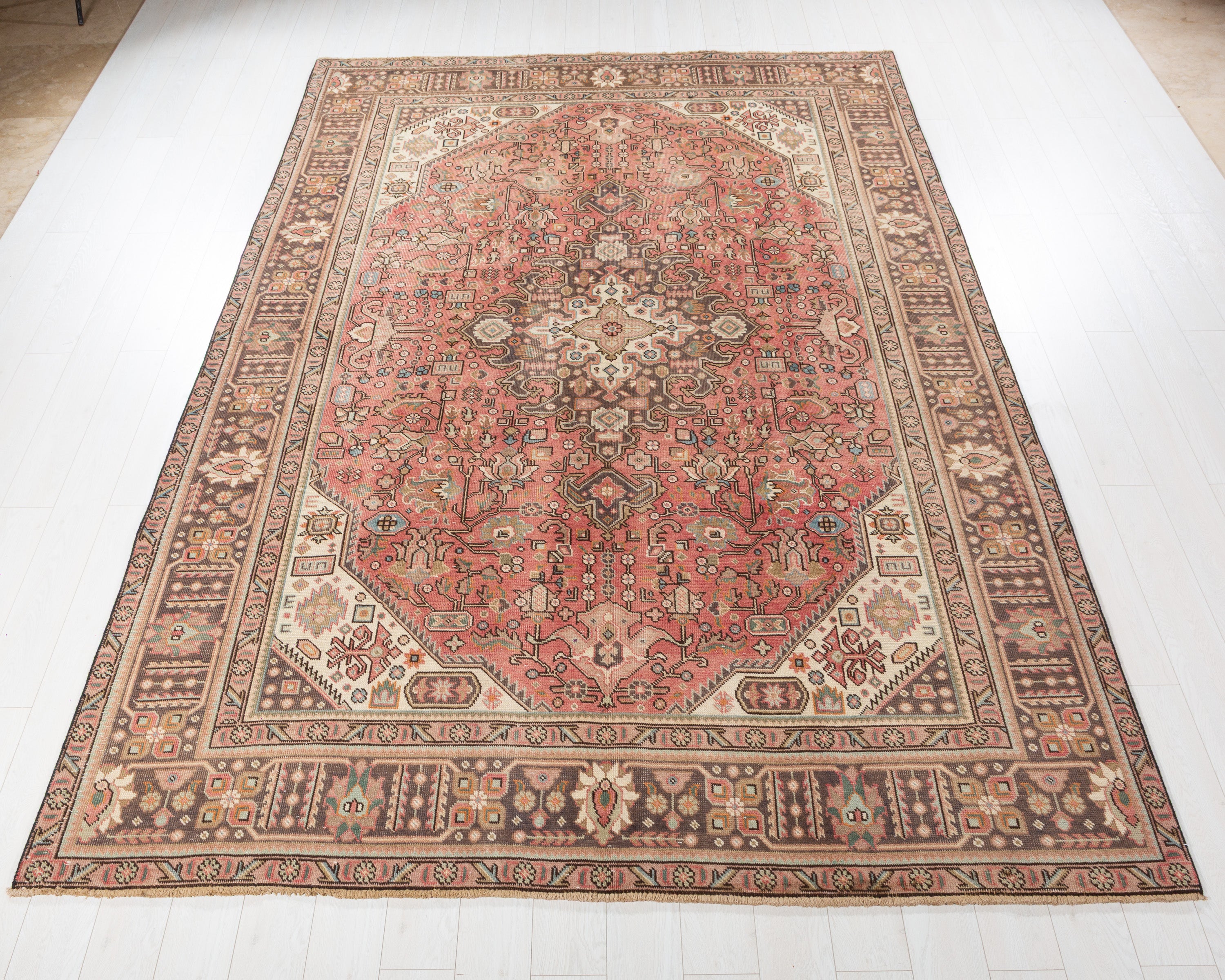 Vintage Tabriz Faded rust red and navy Geometric Rug, 8x11 – 11' 2" x 7' 9" (340 x 237 cm) – main view