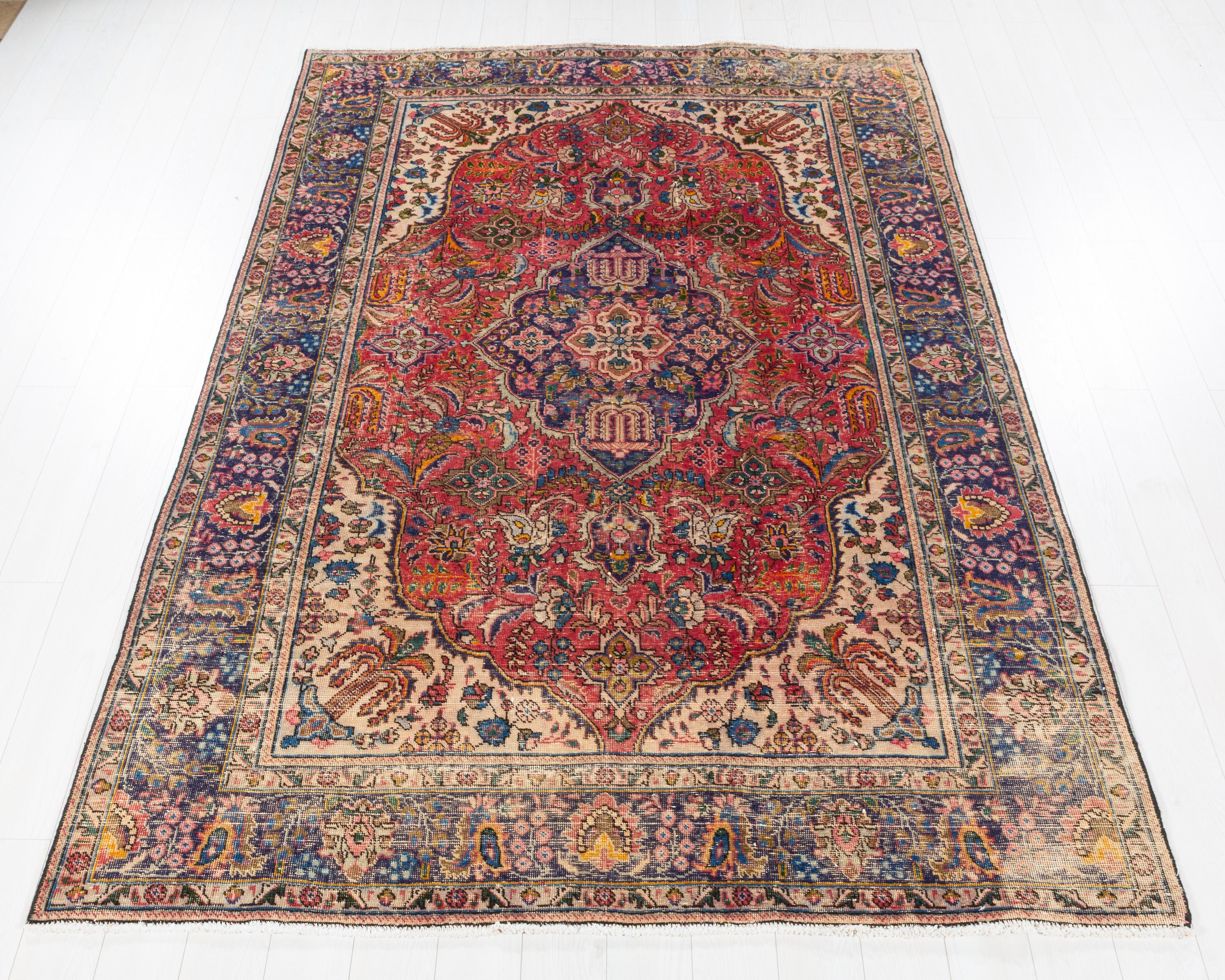 Vintage Tabriz Red and Navy Blue Floral Rug, 7x10 – 9' 10" x 6' 6" (299 x 199 cm) – main view