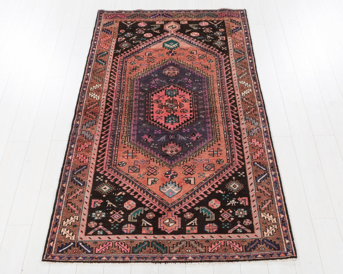 Vintage Zanjan Faded rust red and purple Geometric Rug, 4x7 – 7' 6" x 4' 5" (228 x 134 cm) – main view