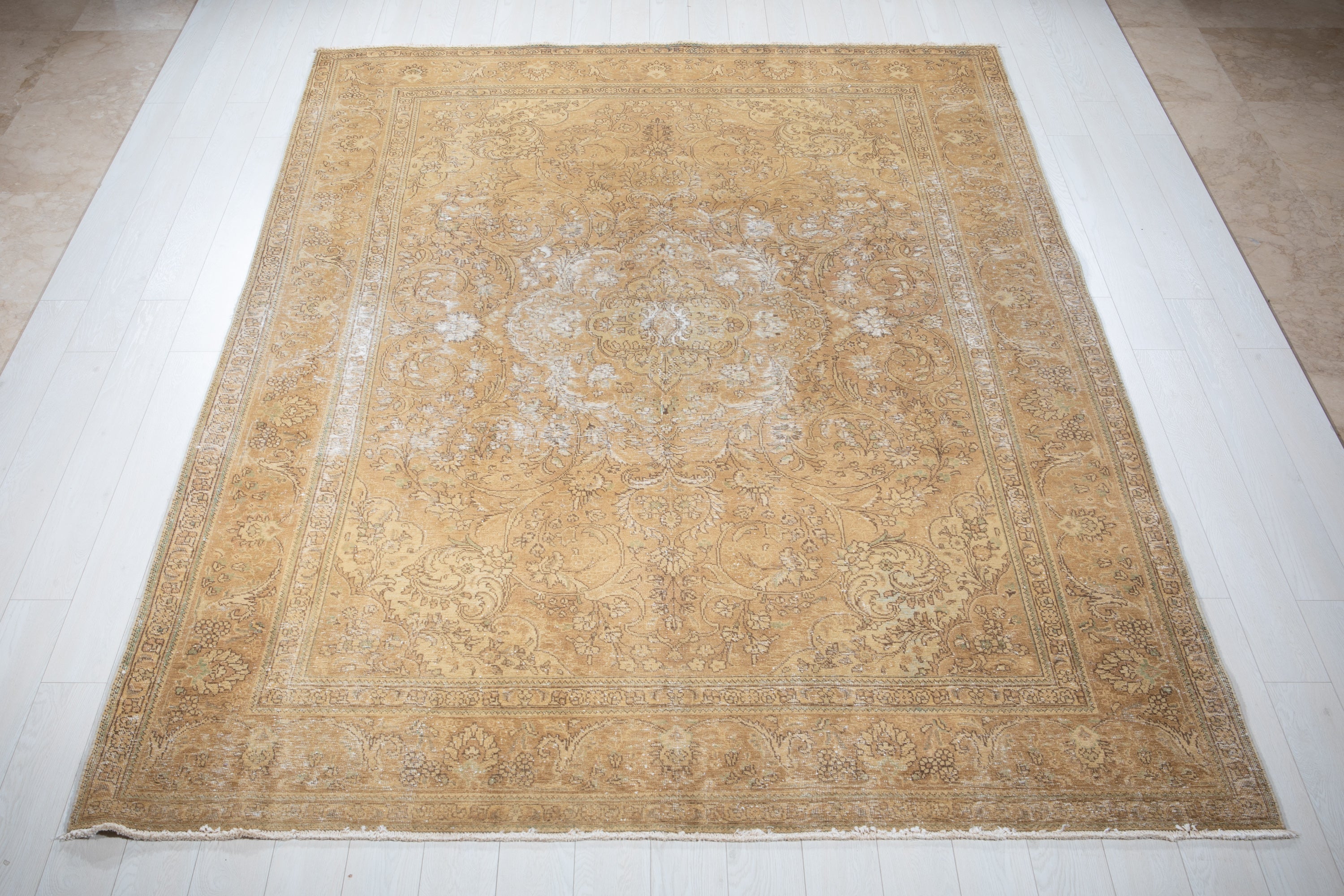 Hand-Knotted Vintage Large Wool Area Rug Faded – 11' 5" x 7' 10" (349 x 240 cm) - Yasi & Fara