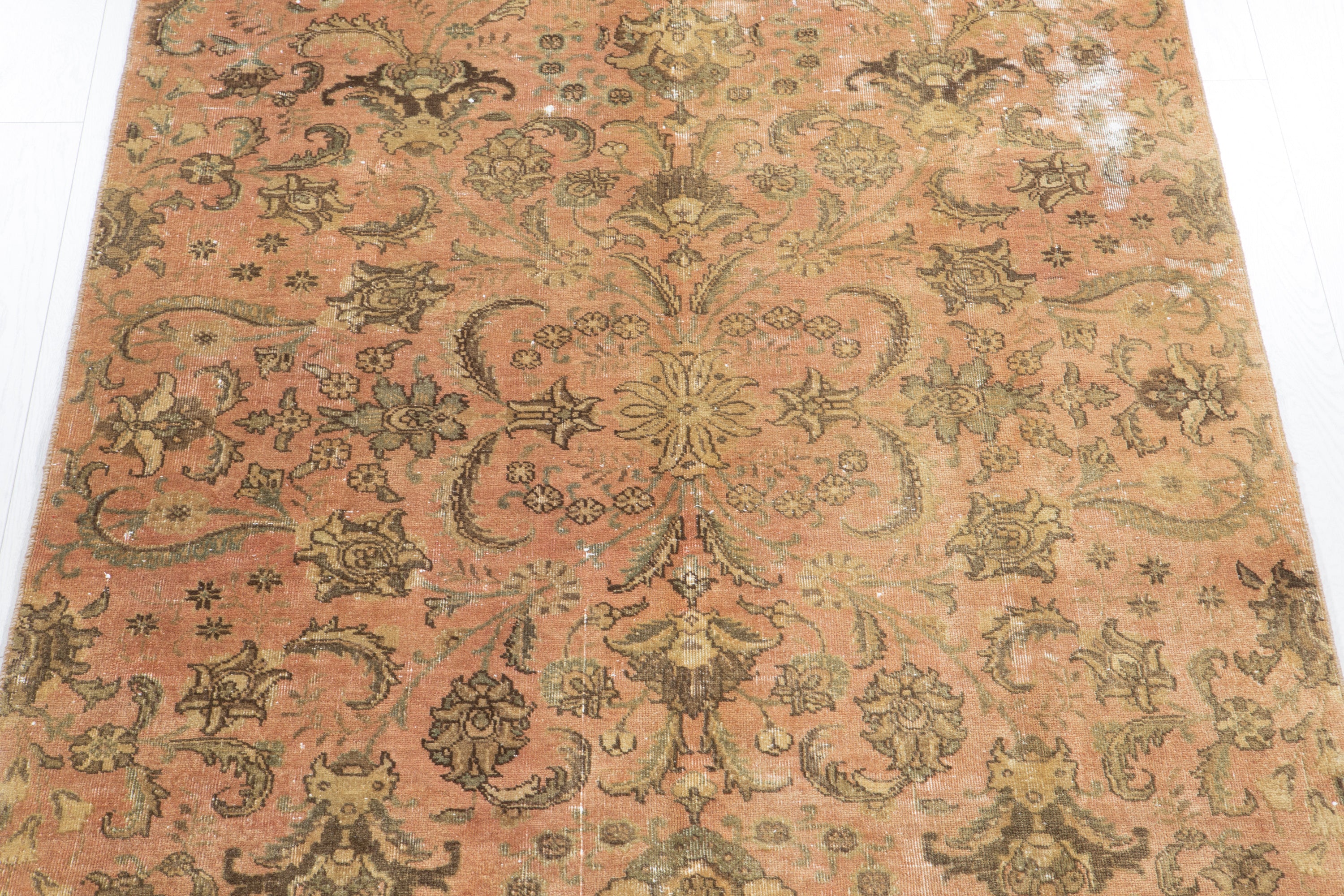 Antique Distressed Tabriz Floral Wool Rug, Faded Peach, 4x8 – 8' 0" x 4' 4" (245 x 133 cm)