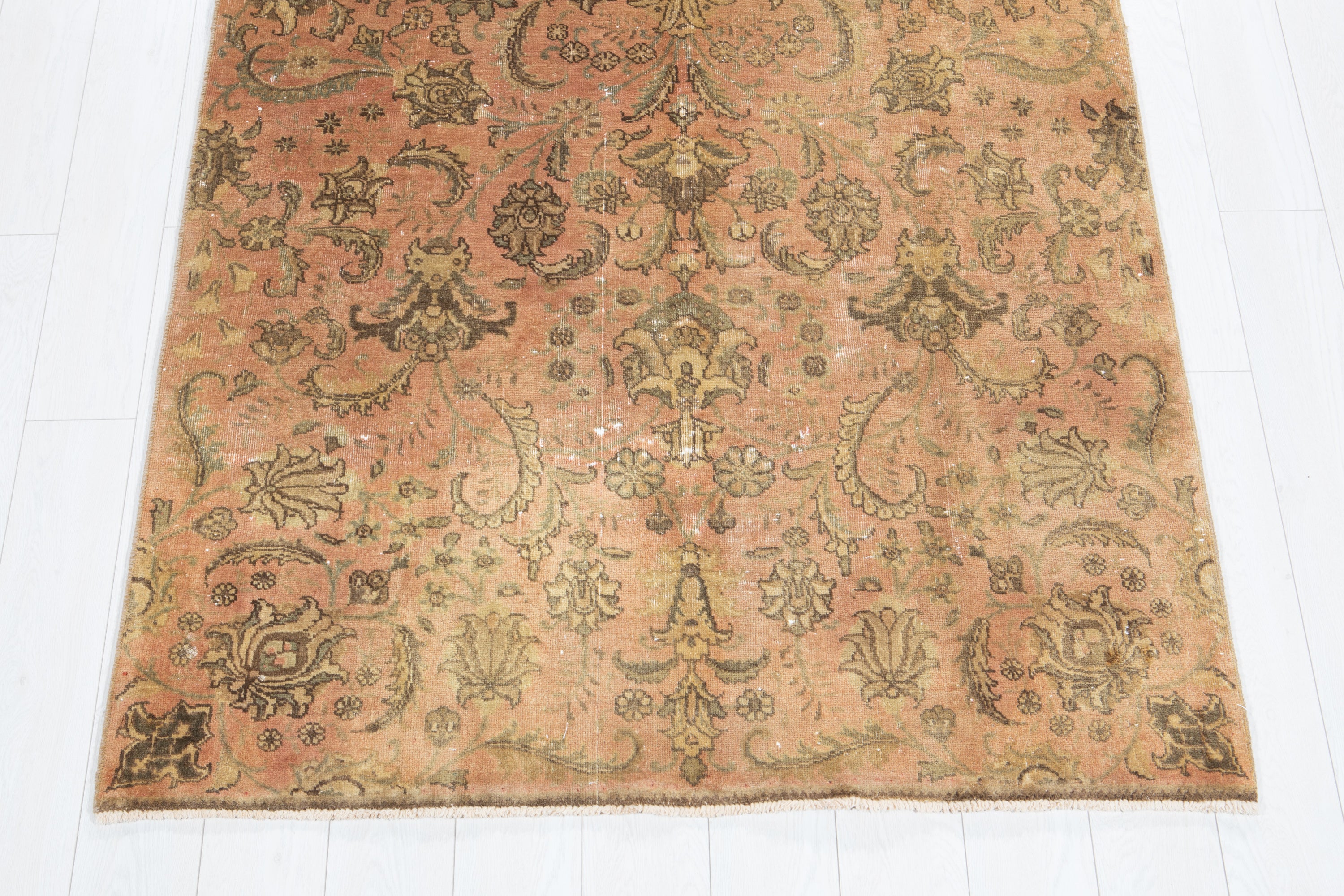 Antique Distressed Tabriz Floral Wool Rug, Faded Peach, 4x8 – 8' 0" x 4' 4" (245 x 133 cm)