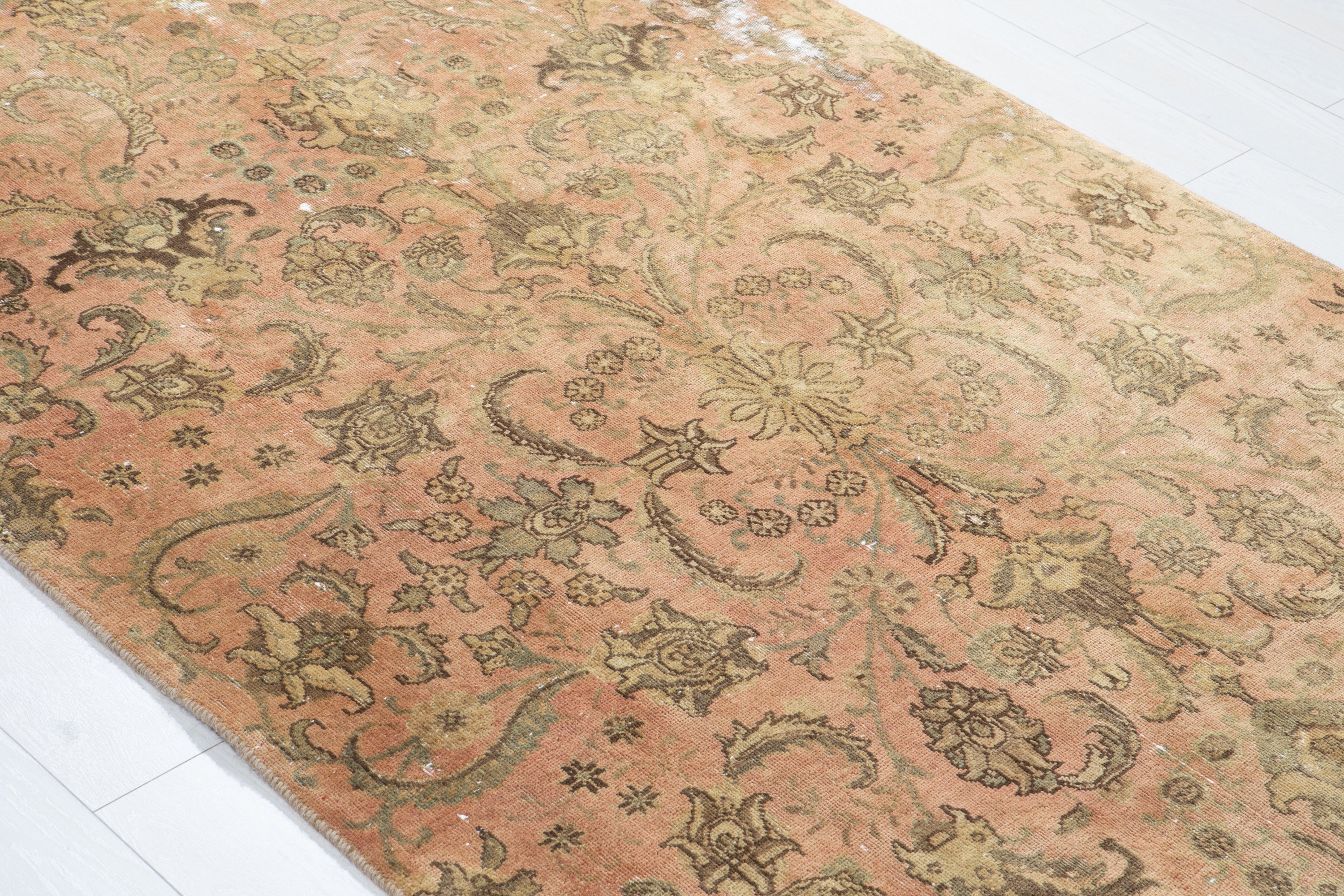 Antique Distressed Tabriz Floral Wool Rug, Faded Peach, 4x8 – 8' 0" x 4' 4" (245 x 133 cm)