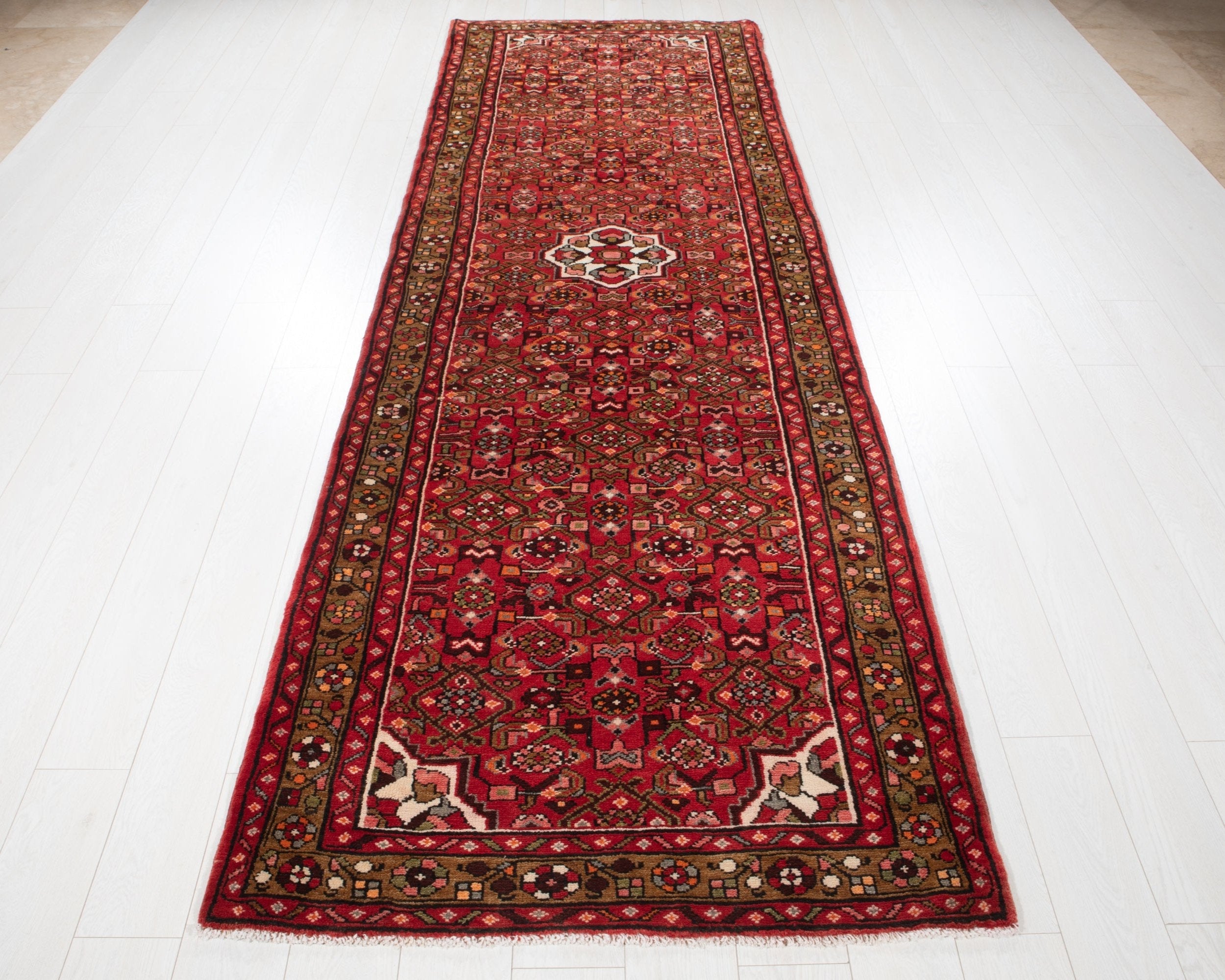 Hand-Knotted Vintage Wool Area Rug – 10' 7" x 3' 7" (323 x 109 cm) - Yasi & Fara