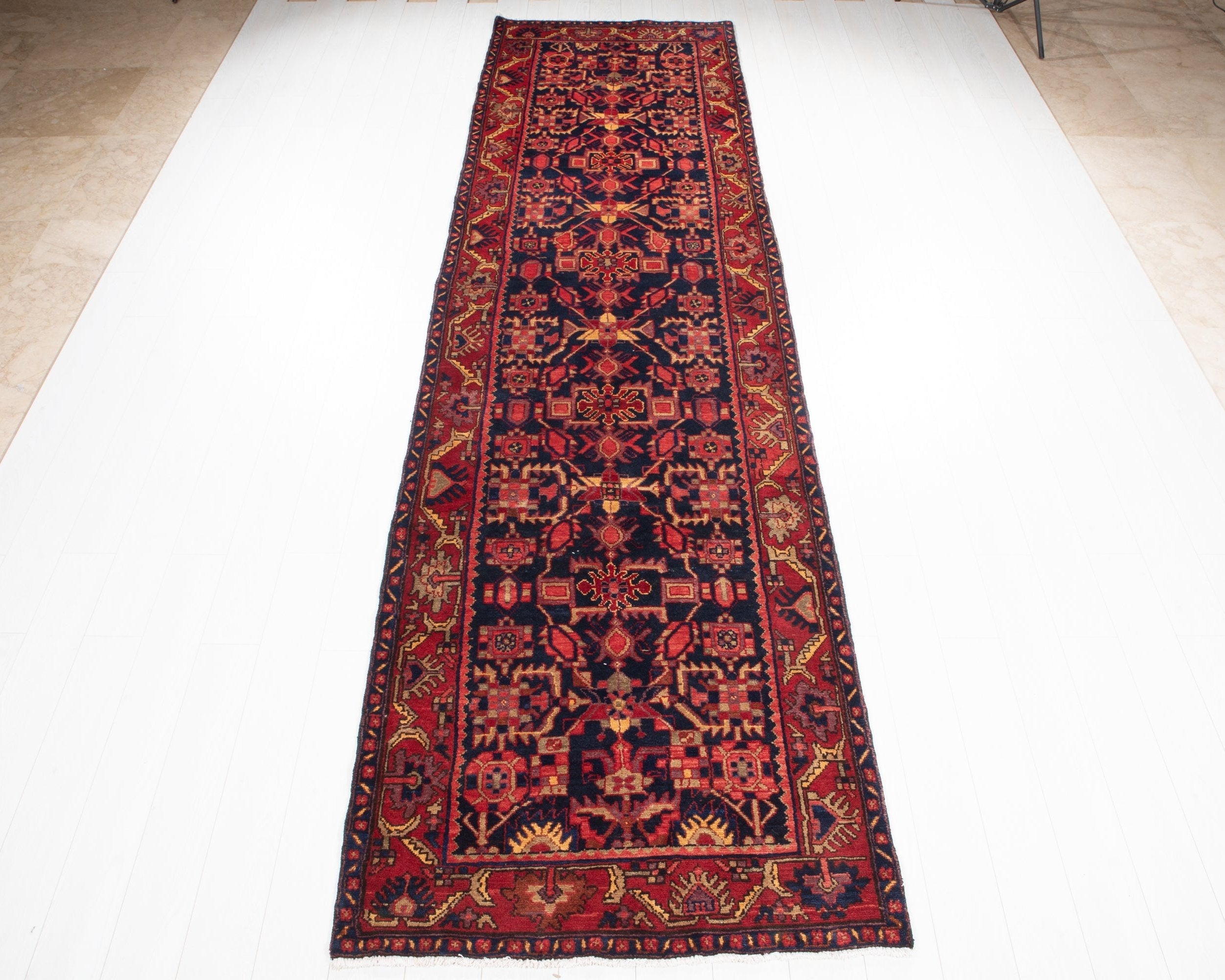 Hand-Knotted Vintage Wool Runner Rug – 13' 5" x 3' 9" (410cm x 114cm) - Yasi & Fara