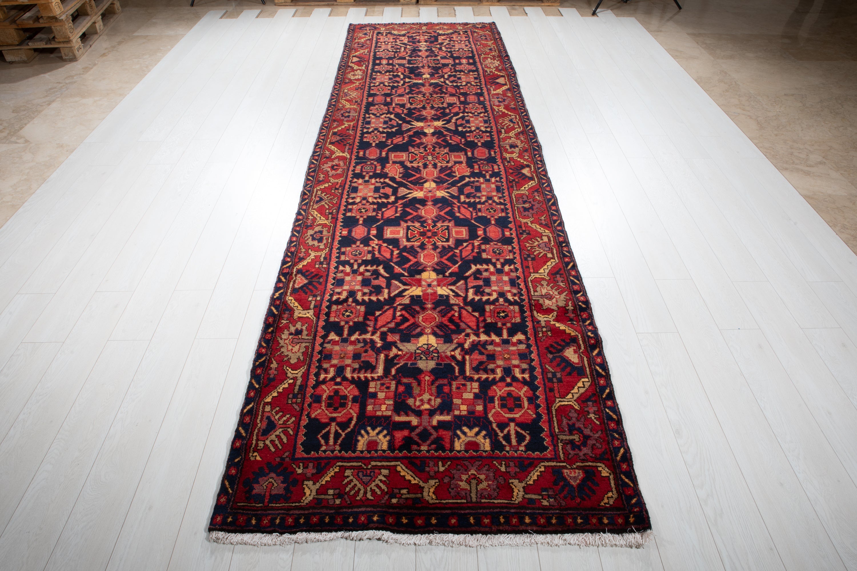 Hand-Knotted Vintage Wool Runner Rug – 13' 5" x 3' 9" (410cm x 114cm) - Yasi & Fara
