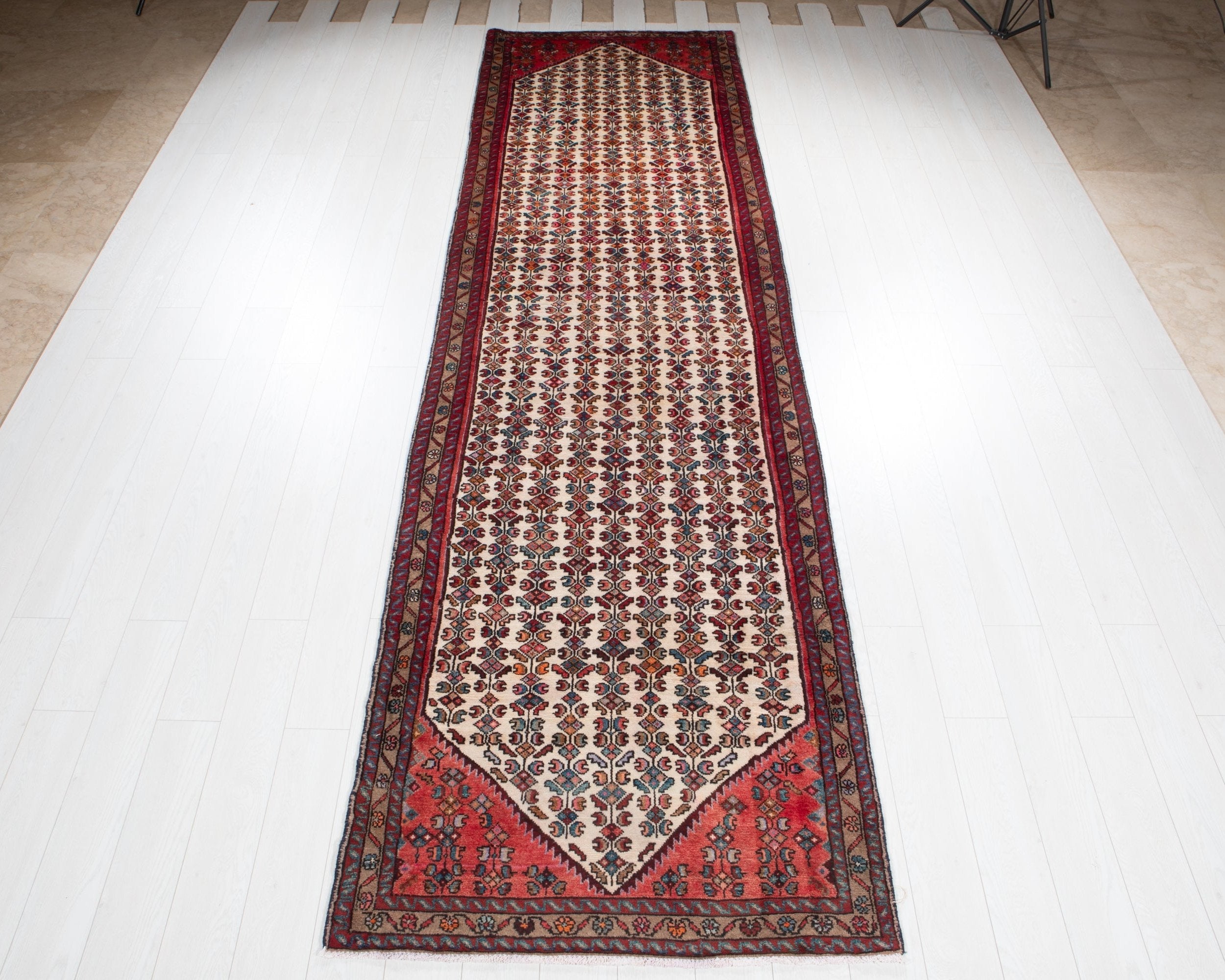 Hamadan Persian runner rug, full view, beige field with coral red border, 4x13 ft
