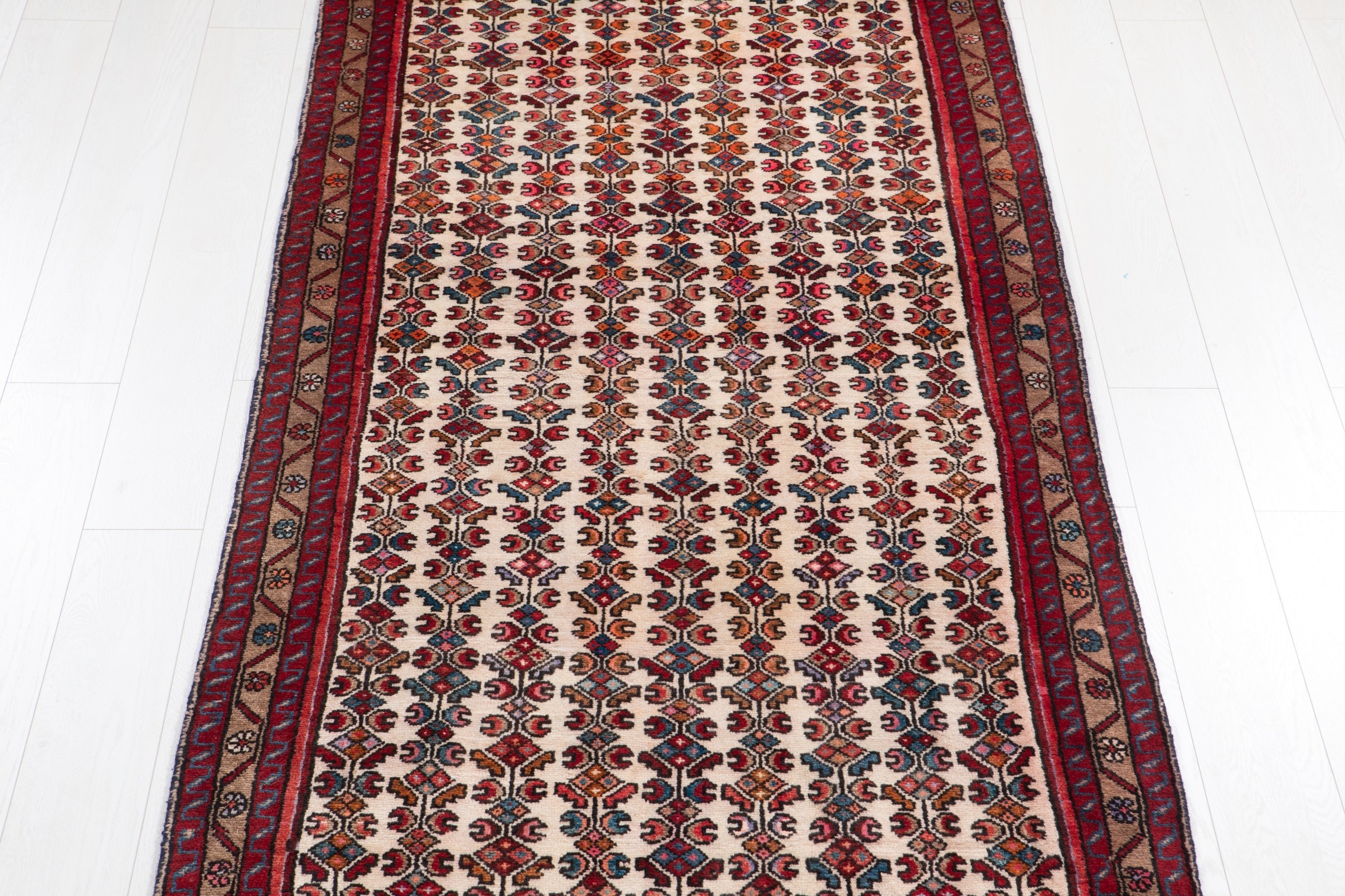 Front view of beige Hamadan Persian runner with allover botanical motifs and red border