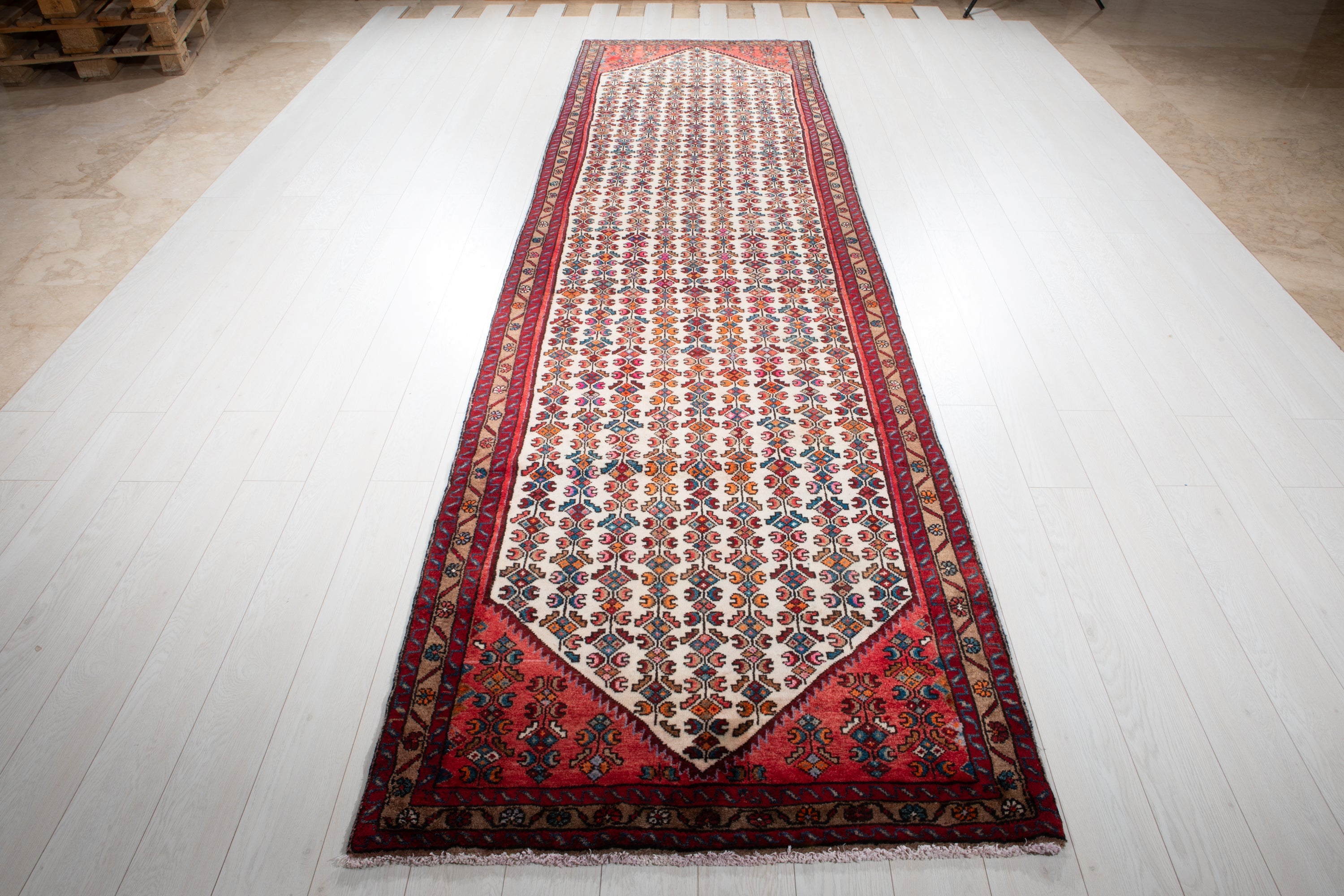 Beige Hamadan Persian runner rug, straight-on front view of full pattern and coloring