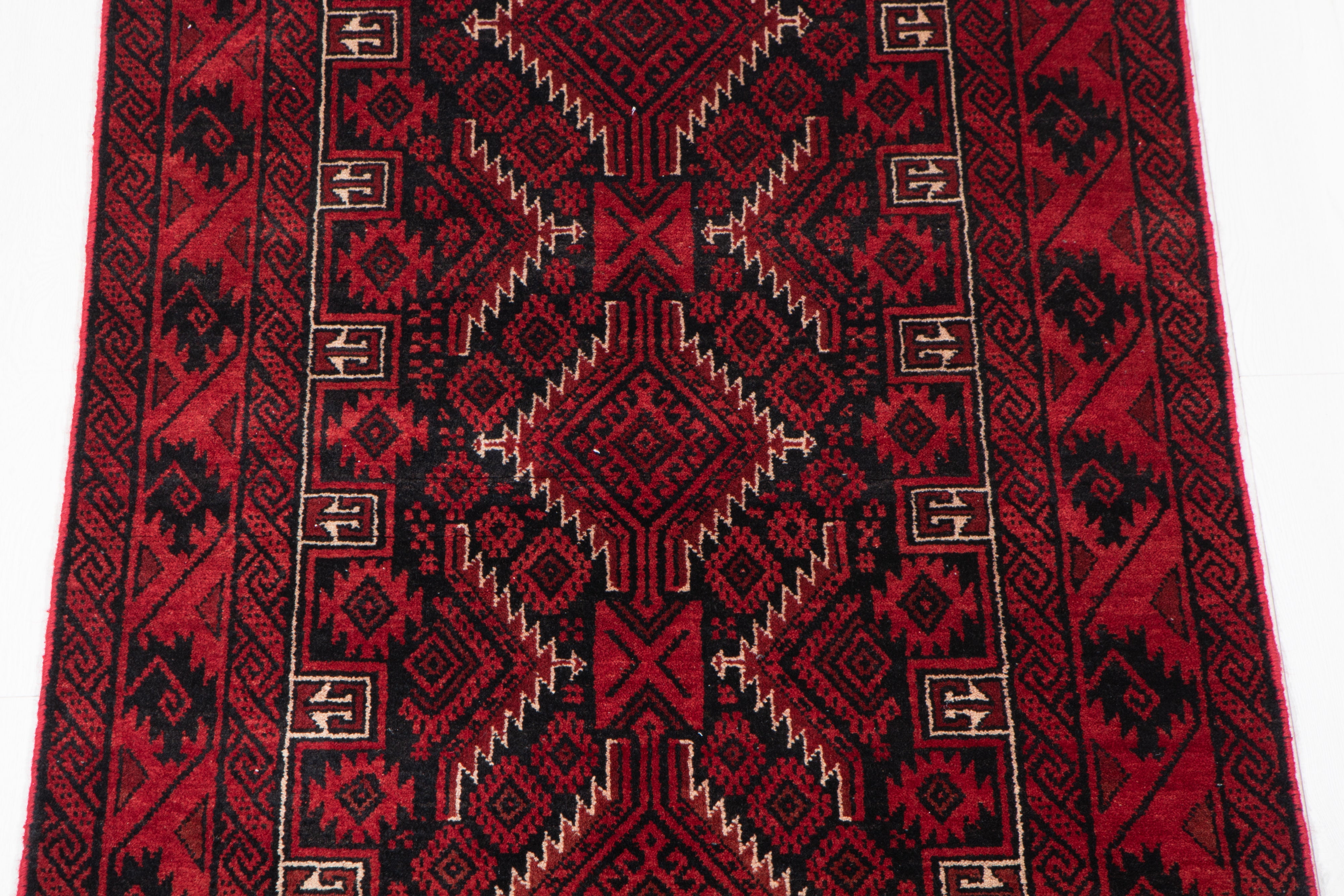 Fine Vintage Baluch Wool Rug, Red & Black, 3x6 – 6' 0" x 3' 1" (182 x 94 cm)
