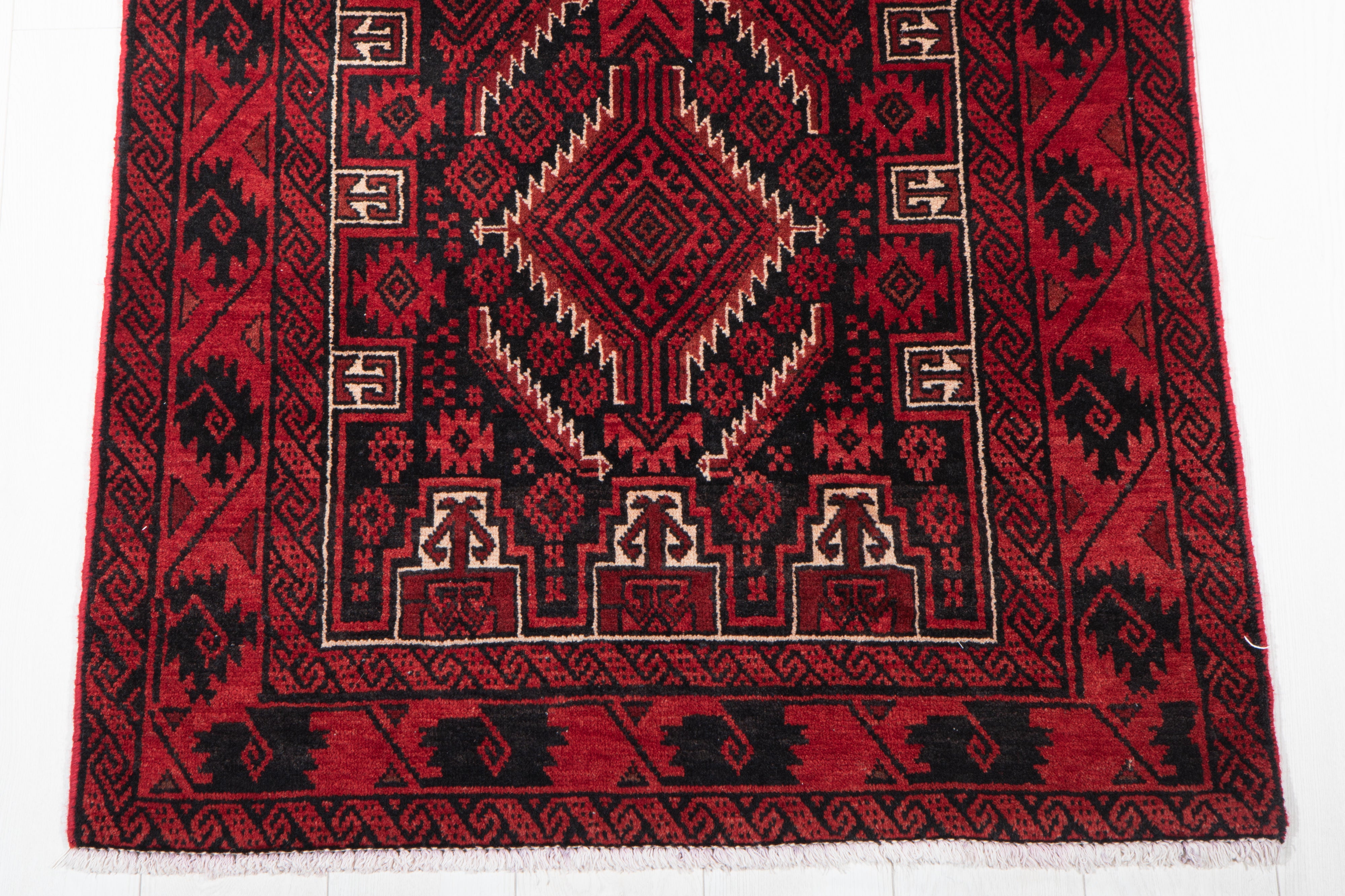 Fine Vintage Baluch Wool Rug, Red & Black, 3x6 – 6' 0" x 3' 1" (182 x 94 cm)