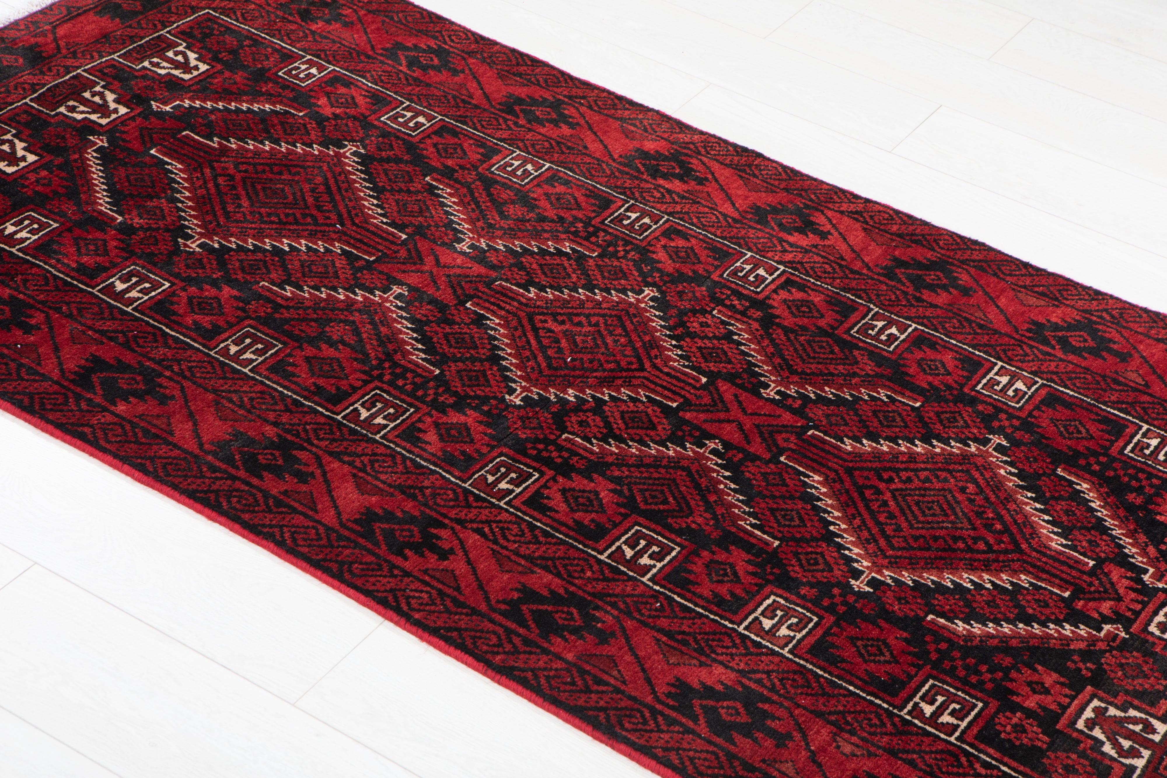 Fine Vintage Baluch Wool Rug, Red & Black, 3x6 – 6' 0" x 3' 1" (182 x 94 cm)