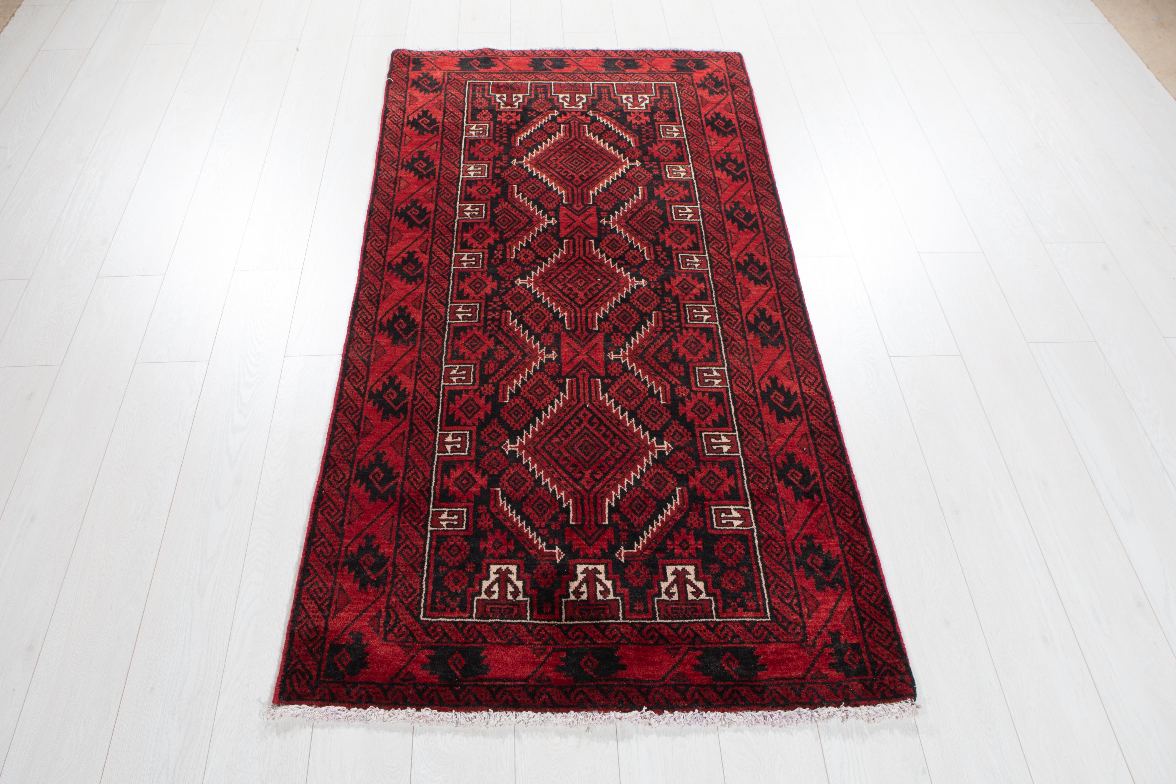 Fine Vintage Baluch Wool Rug, Red & Black, 3x6 – 6' 0" x 3' 1" (182 x 94 cm)