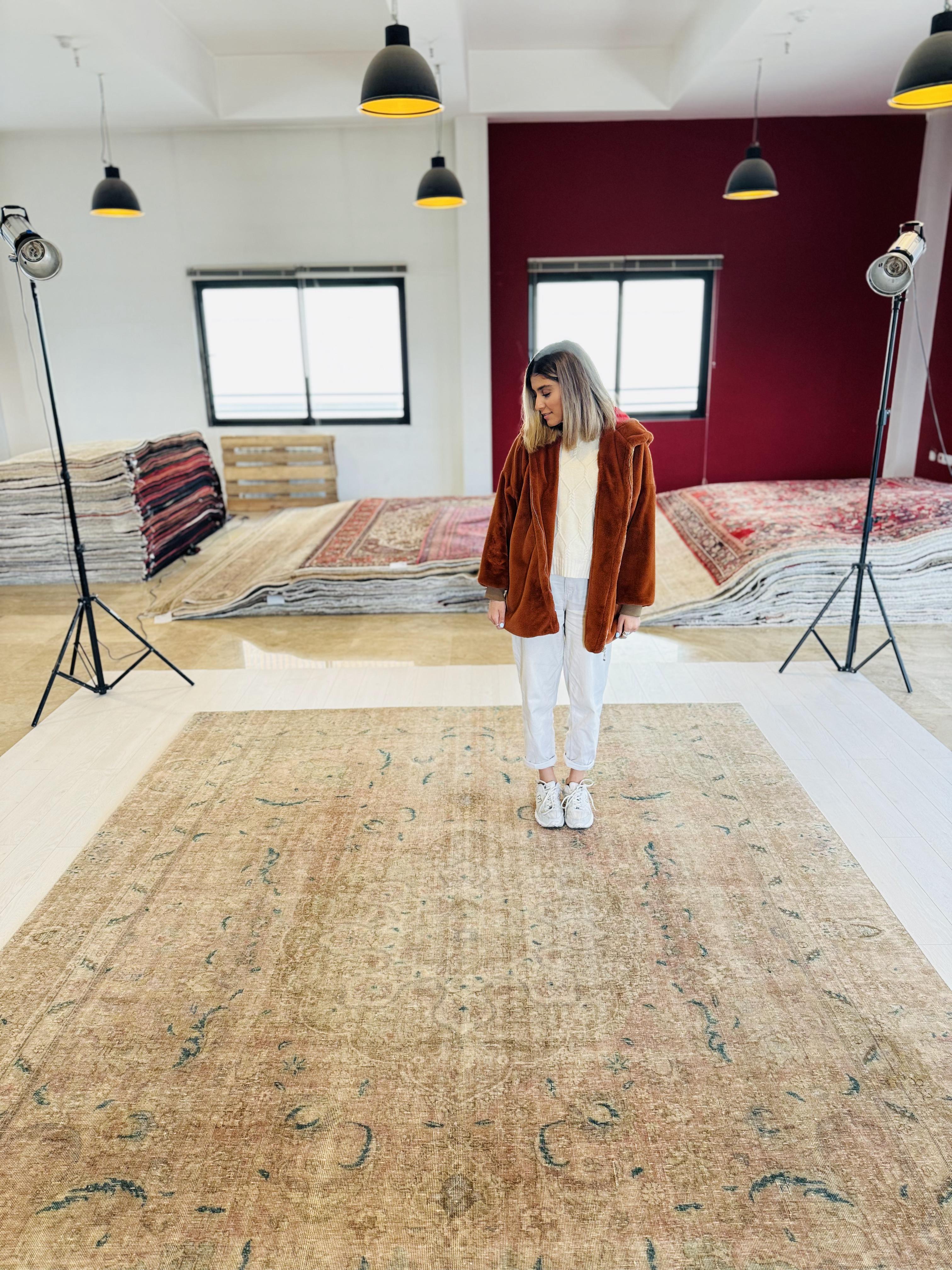 Hand-Knotted Vintage Large Wool Area Rug Faded – 12' x 8' 9" (365 x 266 cm) - Yasi & Fara