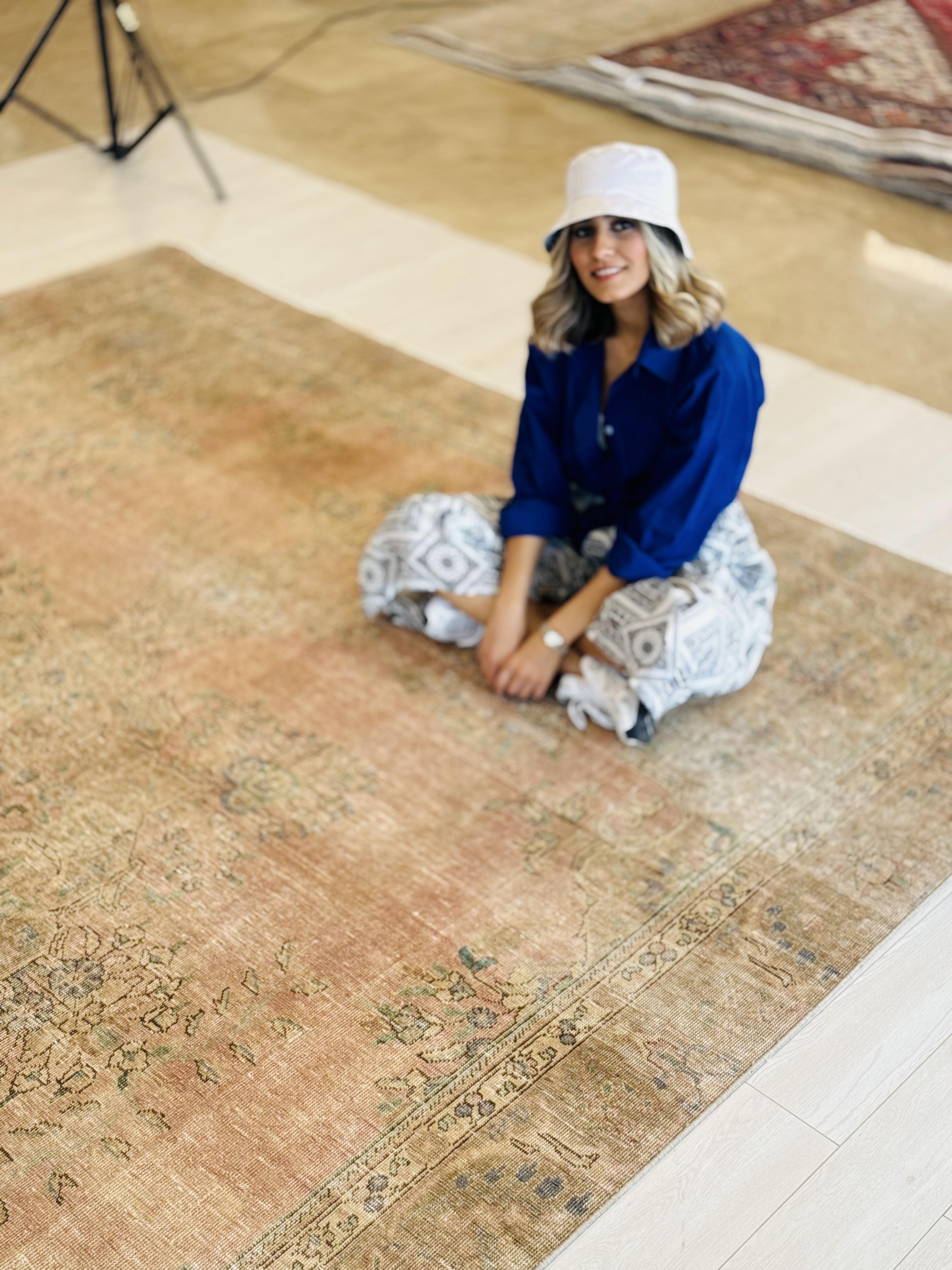 Hand-Knotted Vintage Large Wool Area Rug Faded – 11' 9" x 8' 11" (359 x 273 cm) - Yasi & Fara