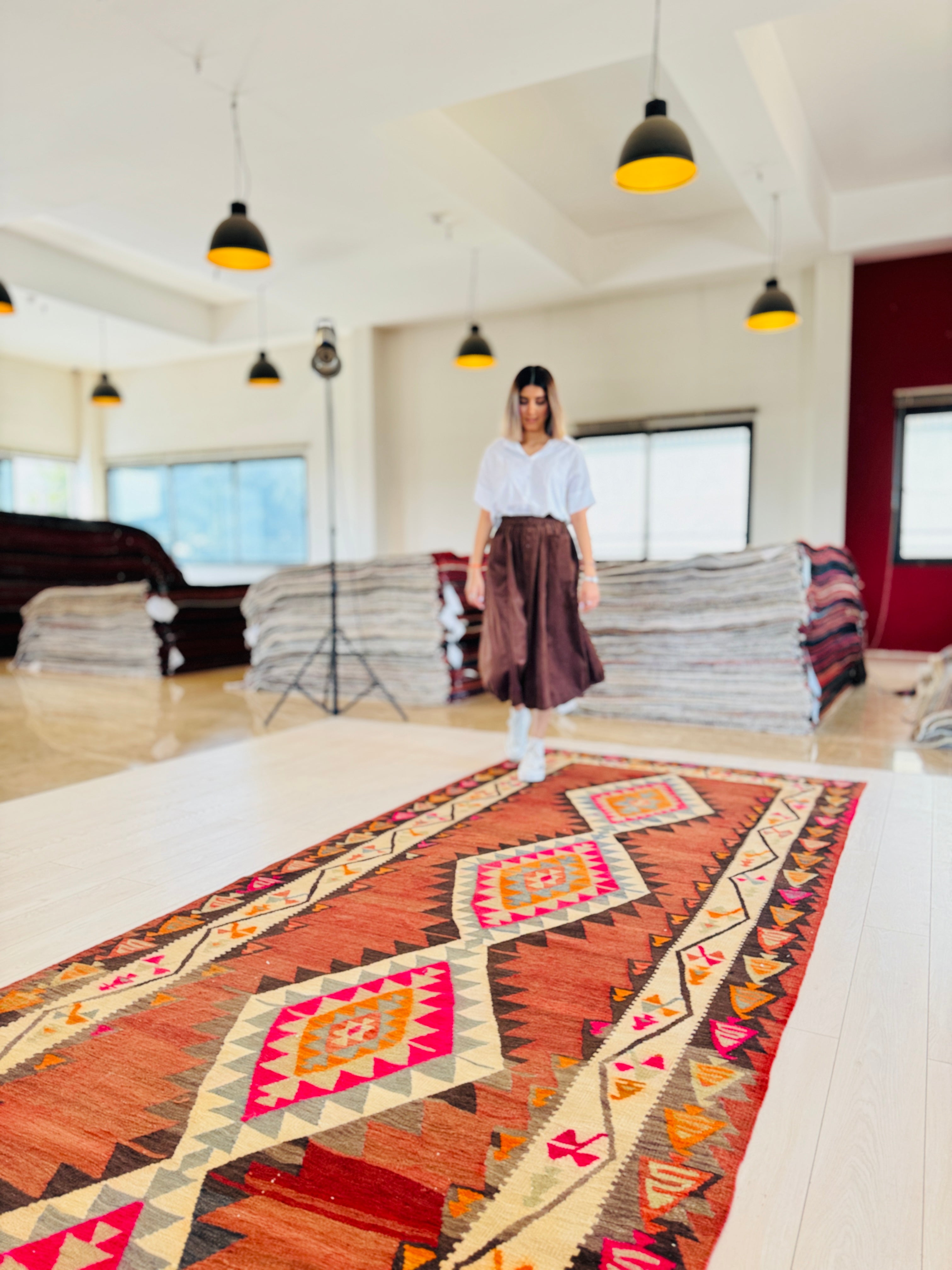 Handwoven Vintage Wool Kilim Rug – 13' 3" x 4' 10" (403 x 147 cm) - Yasi & Fara