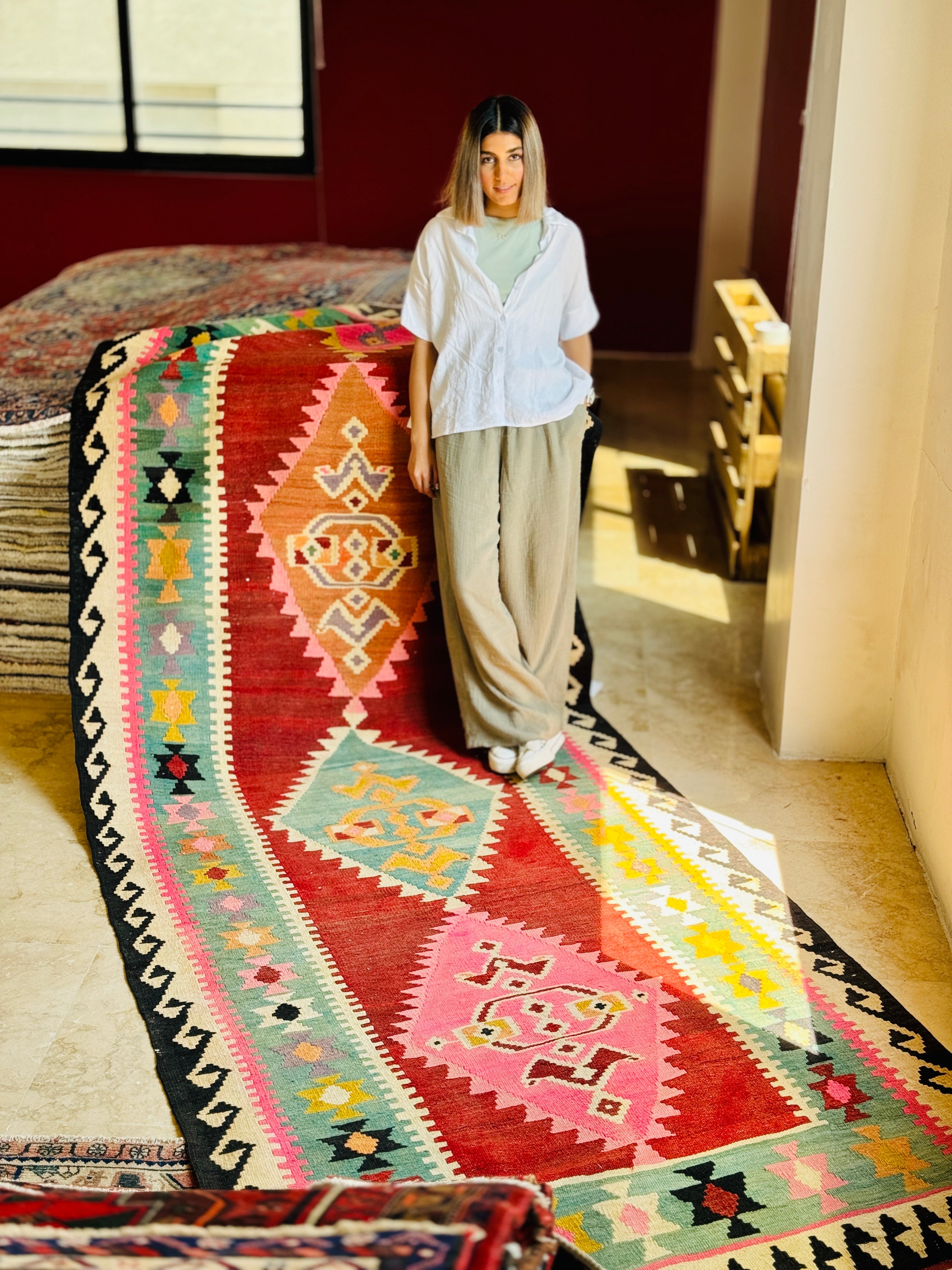 Handwoven Vintage Wool Kilim Rug – 13' 3" x 4' 10" (405 × 146 cm) - Yasi & Fara