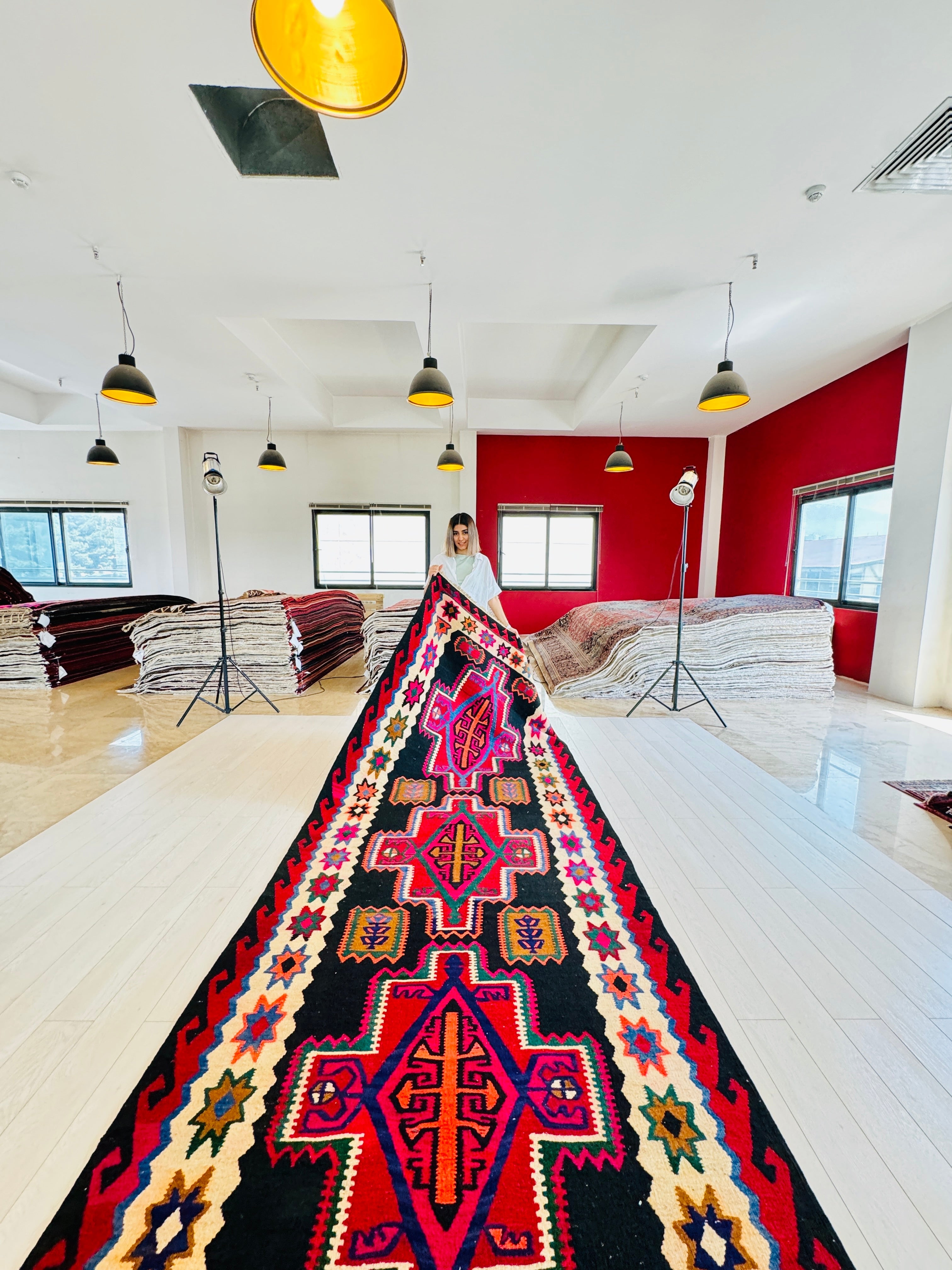 Handwoven Vintage Wool Kilim Rug – 13' 5" x 5' 2" (409 × 158 cm) - Yasi & Fara