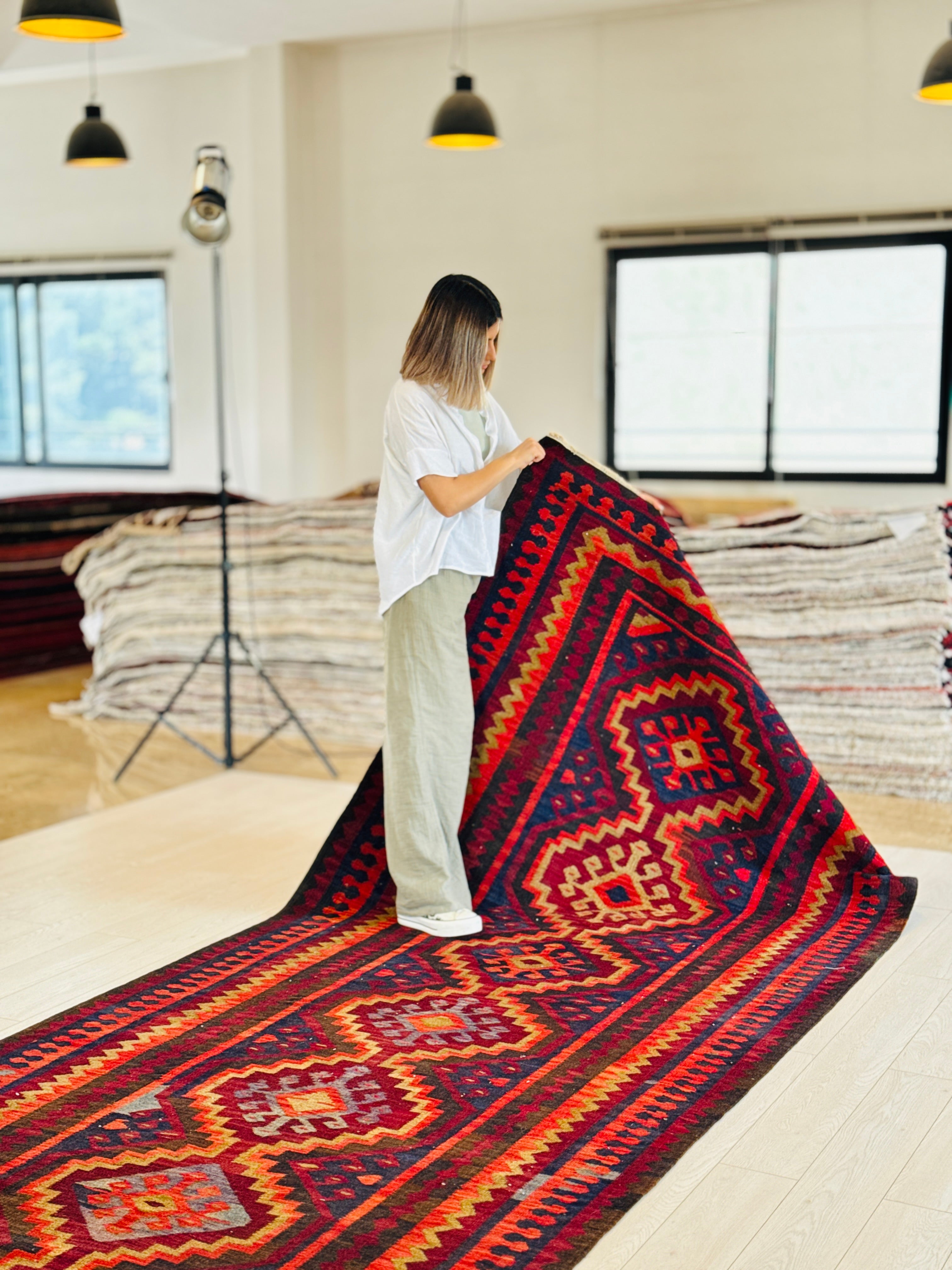 Handwoven Vintage Wool Kilim Runner Rug – 14' 7" x 4' 11" (445 × 150 cm) - Yasi & Fara