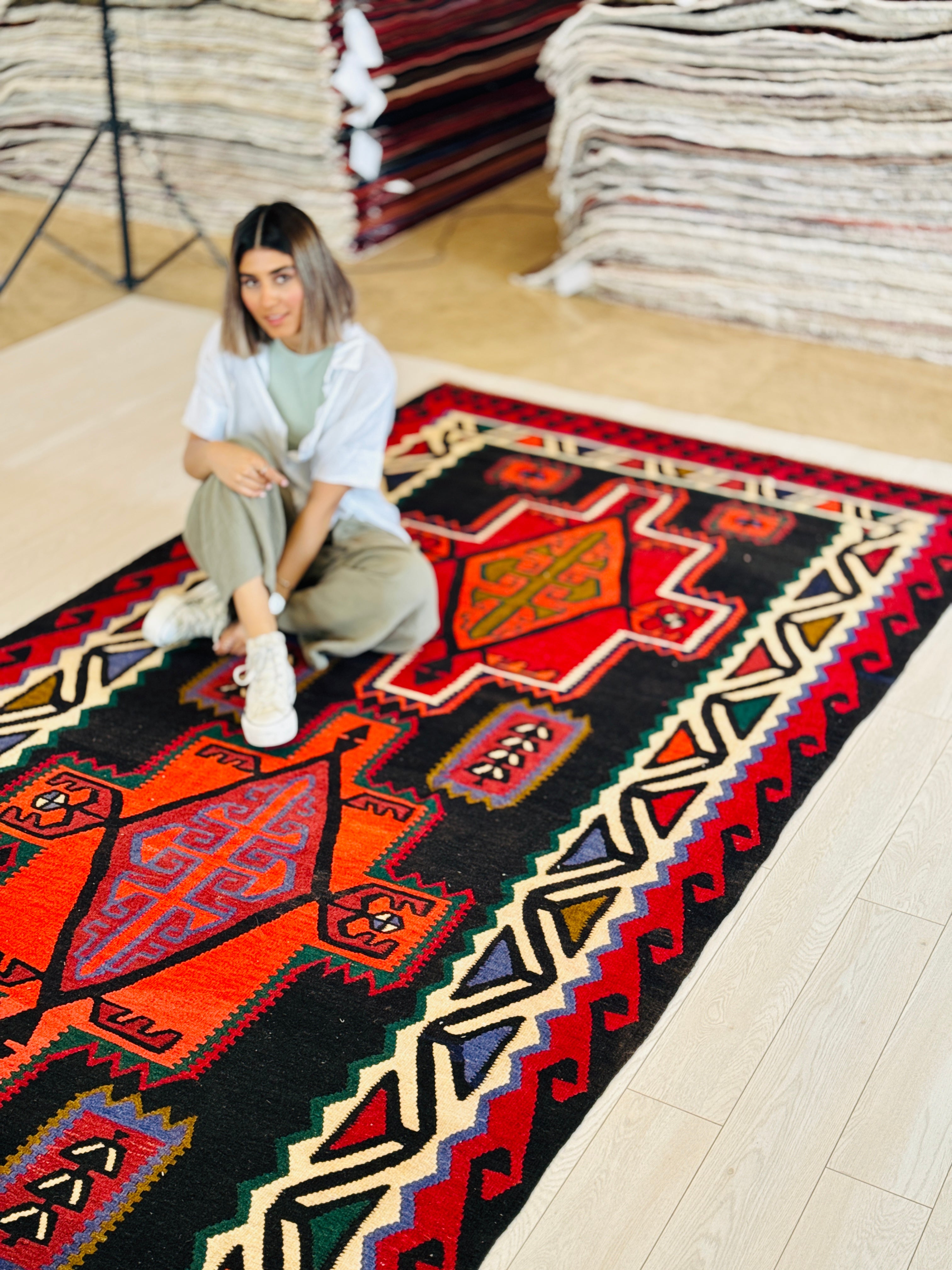 Handwoven Vintage Wool Kilim Rug – 13' 11" x 5' 4" (425 × 162 cm) - Yasi & Fara