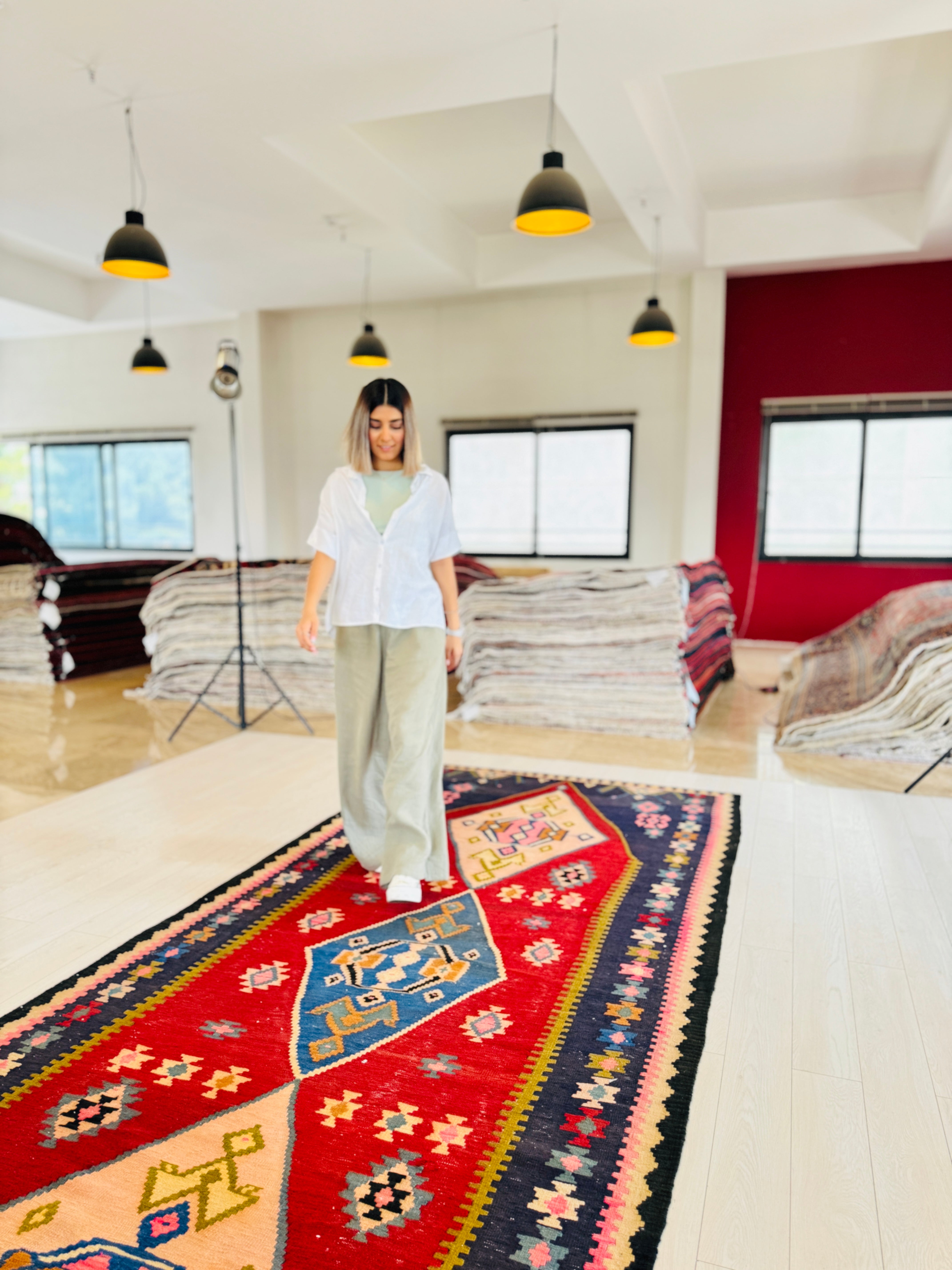 Handwoven Vintage Wool Kilim Rug – 13' 1" x 5' 4" (398 × 163 cm) - Yasi & Fara