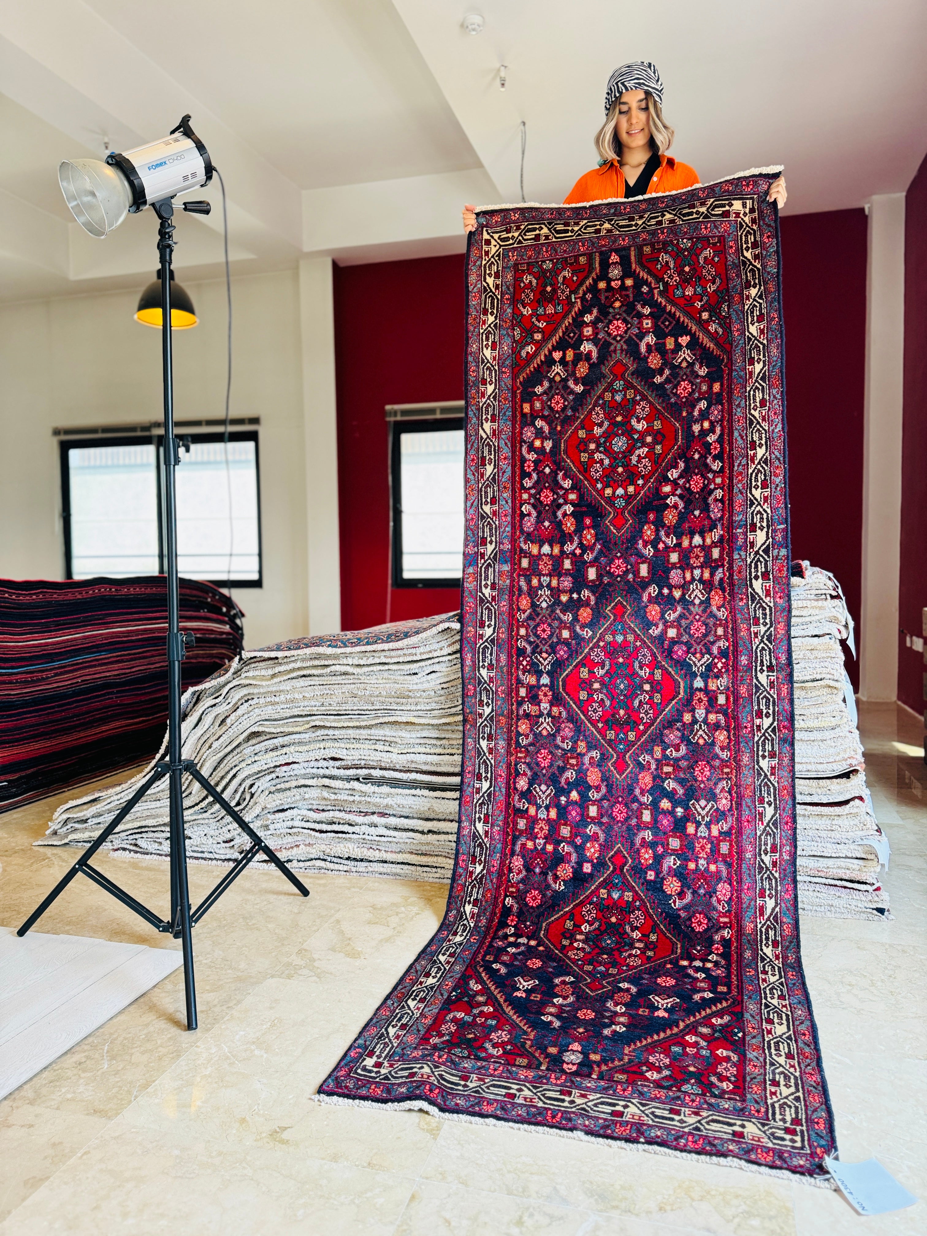 Hand-Knotted Vintage Wool Navy Blue Hamadan Runner, 10 ft Long – 10' 6" × 3' 5" (320 x 105 cm)