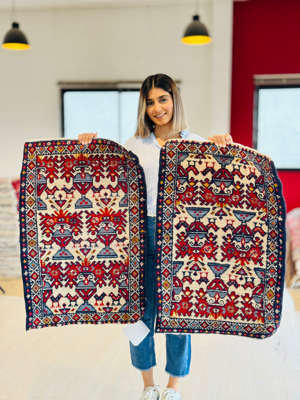 2' x 2' 11" Set of Two Hand-Knotted Vintage Small Tribal Rugs